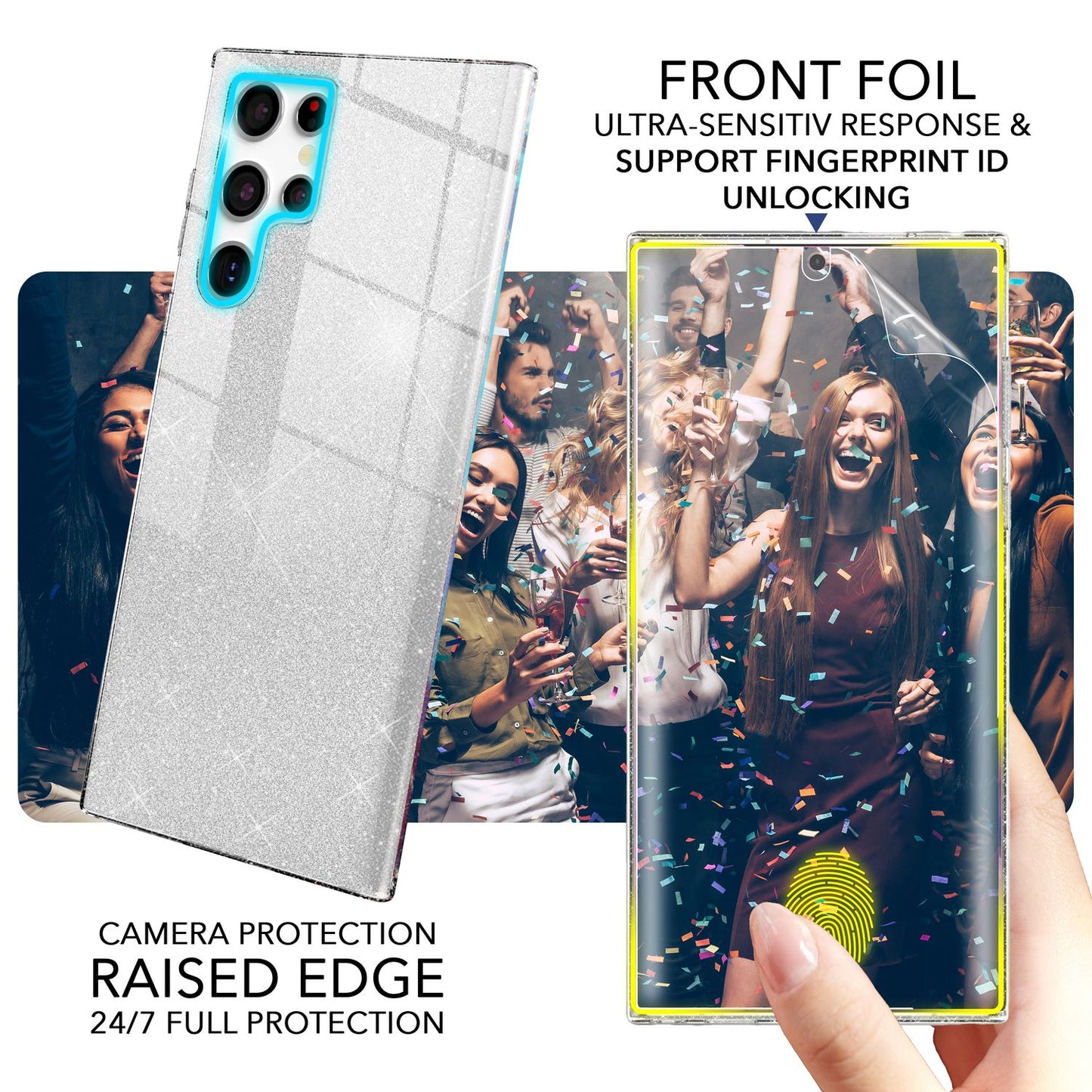 NALIA Glitzerhülle für Samsung Galaxy S23 Ultra – Funkelnder Glitzer-Look & Grip – SHINEPOP (Silikon Case) – Marke aus Berlin