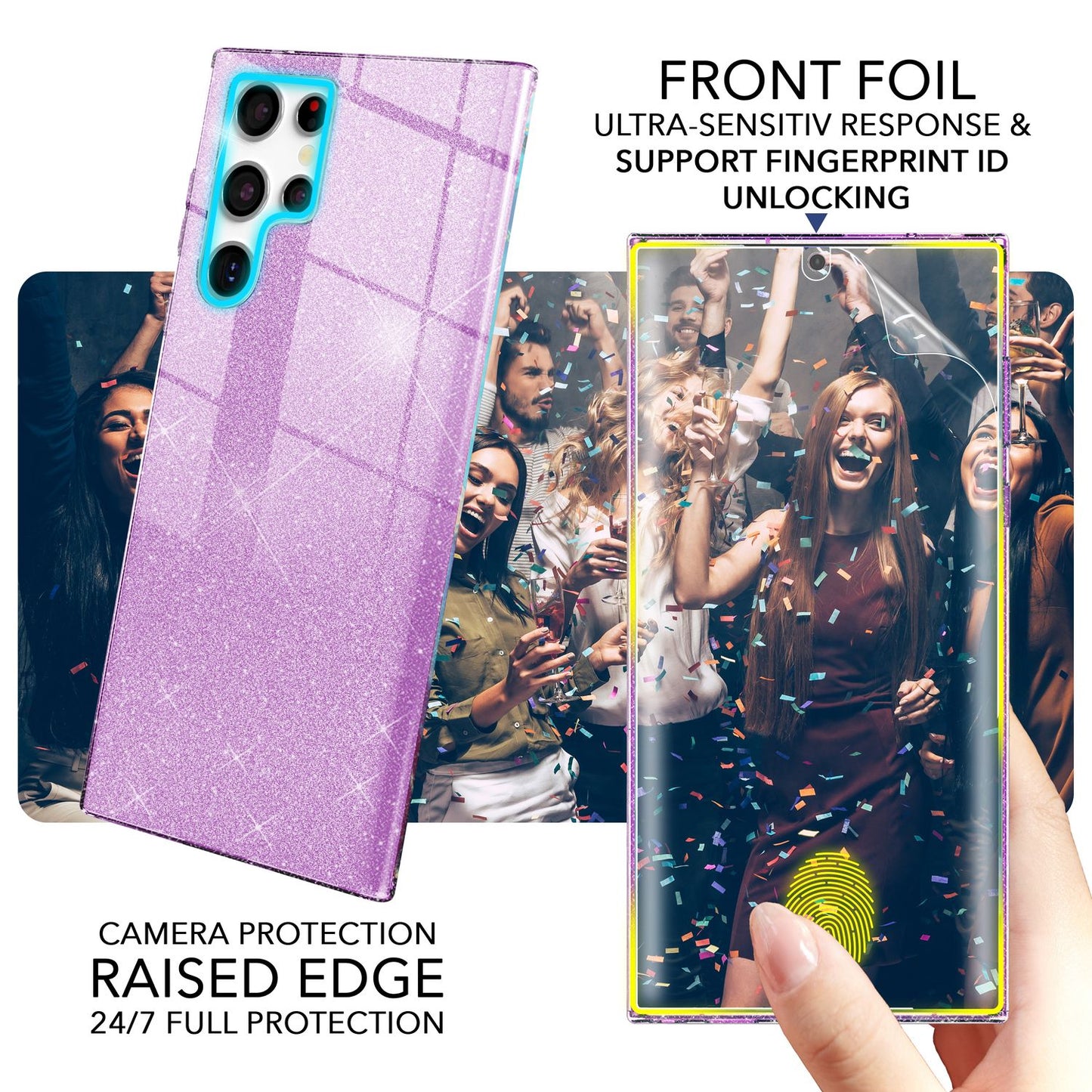 NALIA Glitzerhülle für Samsung Galaxy S23 Ultra – Funkelnder Glitzer-Look & Grip – SHINEPOP (Silikon Case) – Marke aus Berlin