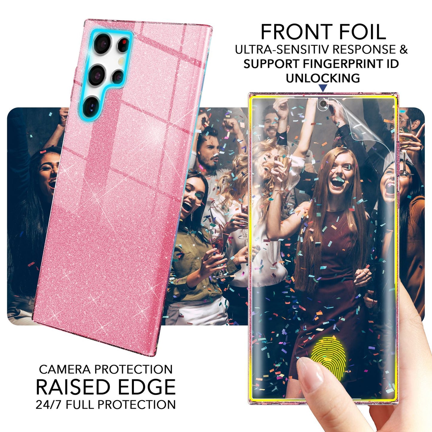 NALIA Glitzerhülle für Samsung Galaxy S23 Ultra – Funkelnder Glitzer-Look & Grip – SHINEPOP (Silikon Case) – Marke aus Berlin