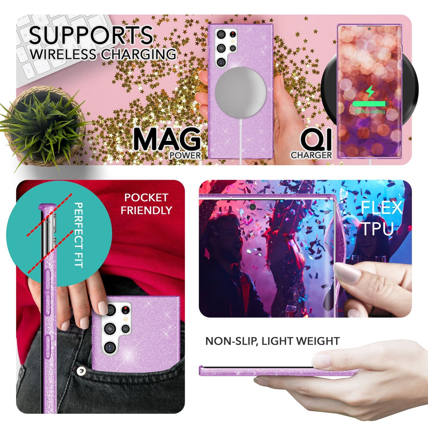 NALIA Glitzerhülle für Samsung Galaxy S23 Ultra – Funkelnder Glitzer-Look & Grip – SHINEPOP (Silikon Case) – Marke aus Berlin