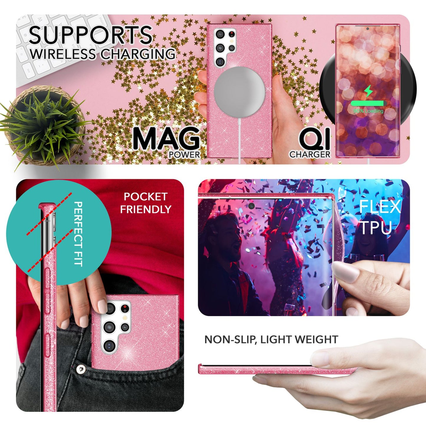 NALIA Glitzerhülle für Samsung Galaxy S23 Ultra – Funkelnder Glitzer-Look & Grip – SHINEPOP (Silikon Case) – Marke aus Berlin