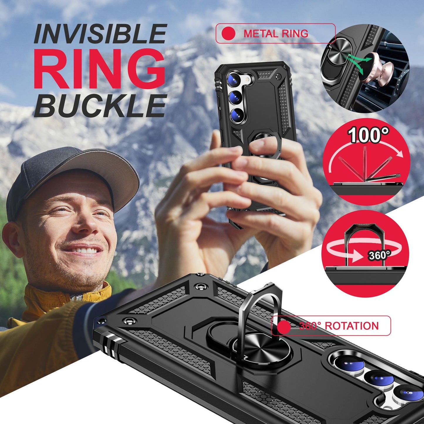 NALIA Panzerhülle für Samsung Galaxy S23 – Ring-Ständer 360° & Magnet-Halterung Kompatibel – RINGDEFEND (Stoßfestes Outdoor Case) – Marke aus Berlin