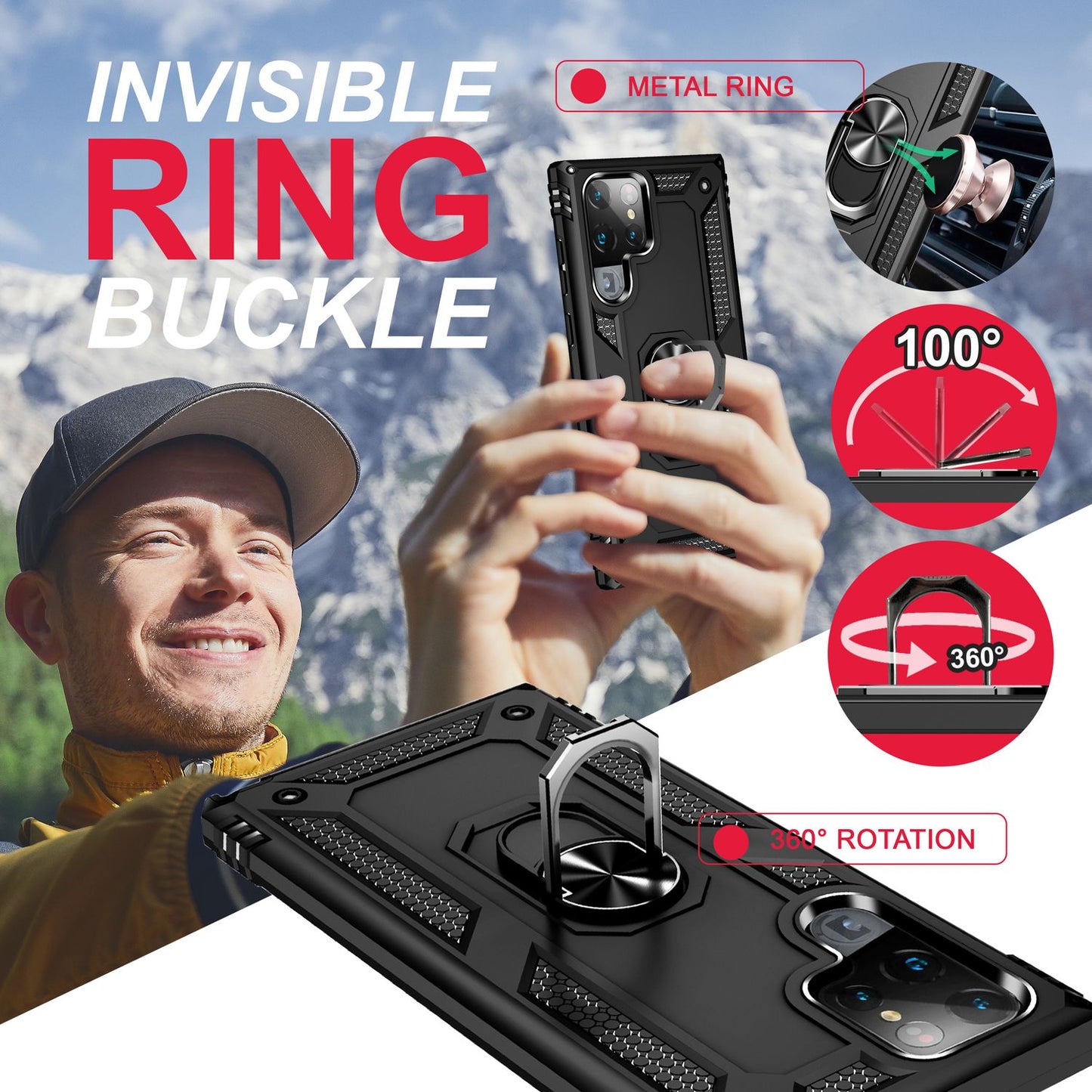 NALIA Panzerhülle für Samsung Galaxy S23 Ultra – Ring-Ständer 360° & Magnet-Halterung Kompatibel – RINGDEFEND (Stoßfestes Outdoor Case) – Marke aus Berlin