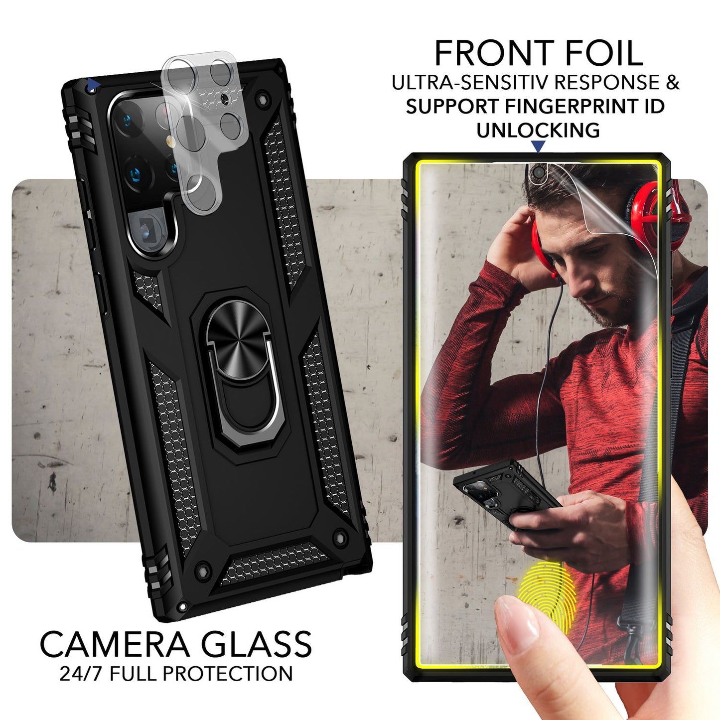 NALIA Panzerhülle für Samsung Galaxy S23 Ultra – Ring-Ständer 360° & Magnet-Halterung Kompatibel – RINGDEFEND (Stoßfestes Outdoor Case) – Marke aus Berlin