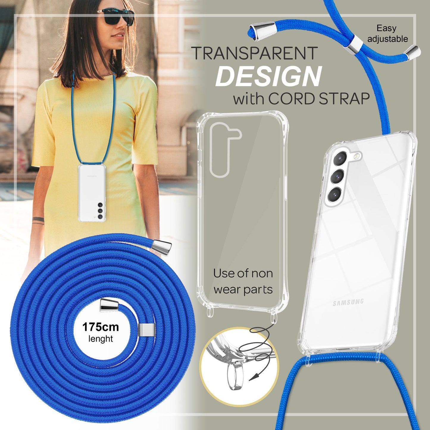 NALIA Handykette für Samsung Galaxy S23 – Transparentes Hybrid-Case & Band – HANGIT PRO (Anti-Gelb Rückseite & Verstellbar) – Marke aus Berlin