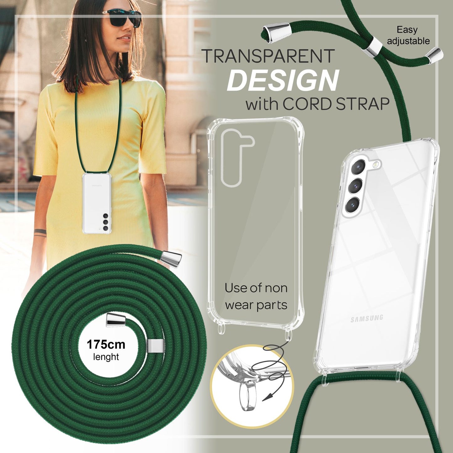 NALIA Handykette für Samsung Galaxy S23 – Transparentes Hybrid-Case & Band – HANGIT PRO (Anti-Gelb Rückseite & Verstellbar) – Marke aus Berlin