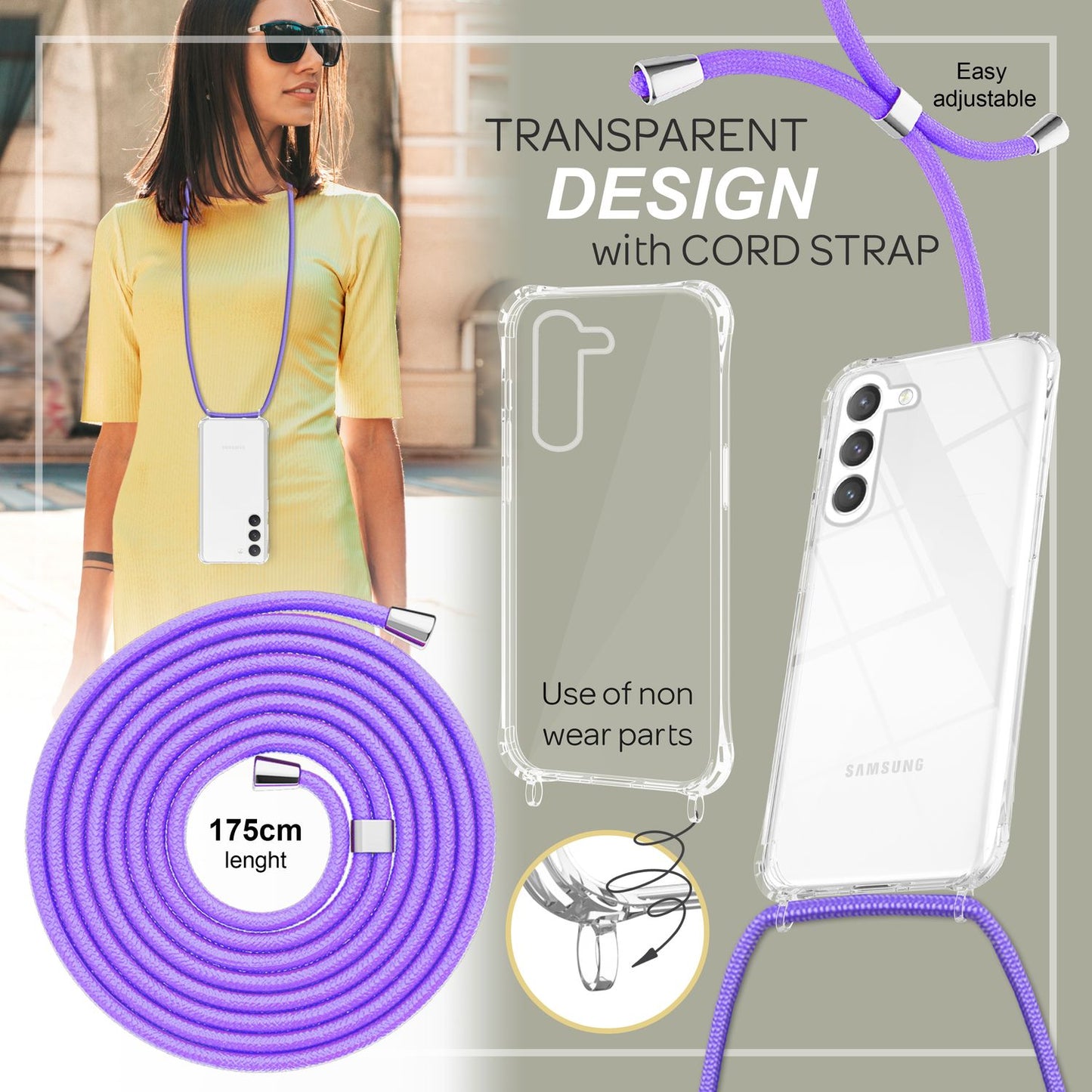NALIA Handykette für Samsung Galaxy S23 – Transparentes Hybrid-Case & Band – HANGIT PRO (Anti-Gelb Rückseite & Verstellbar) – Marke aus Berlin