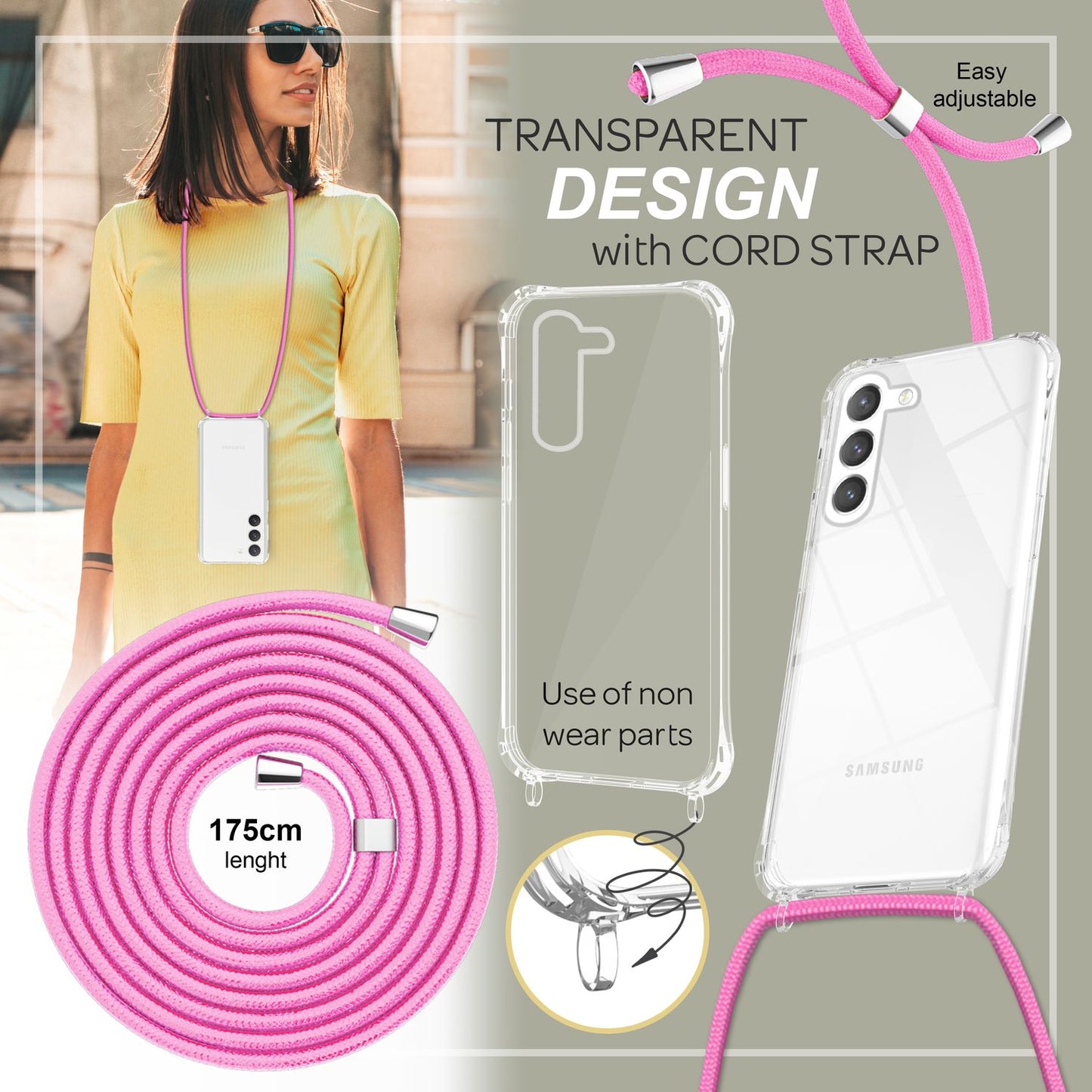 NALIA Handykette für Samsung Galaxy S23 – Transparentes Hybrid-Case & Band – HANGIT PRO (Anti-Gelb Rückseite & Verstellbar) – Marke aus Berlin