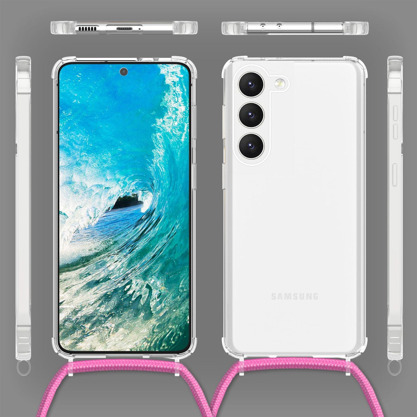 NALIA Handykette für Samsung Galaxy S23 – Transparentes Hybrid-Case & Band – HANGIT PRO (Anti-Gelb Rückseite & Verstellbar) – Marke aus Berlin