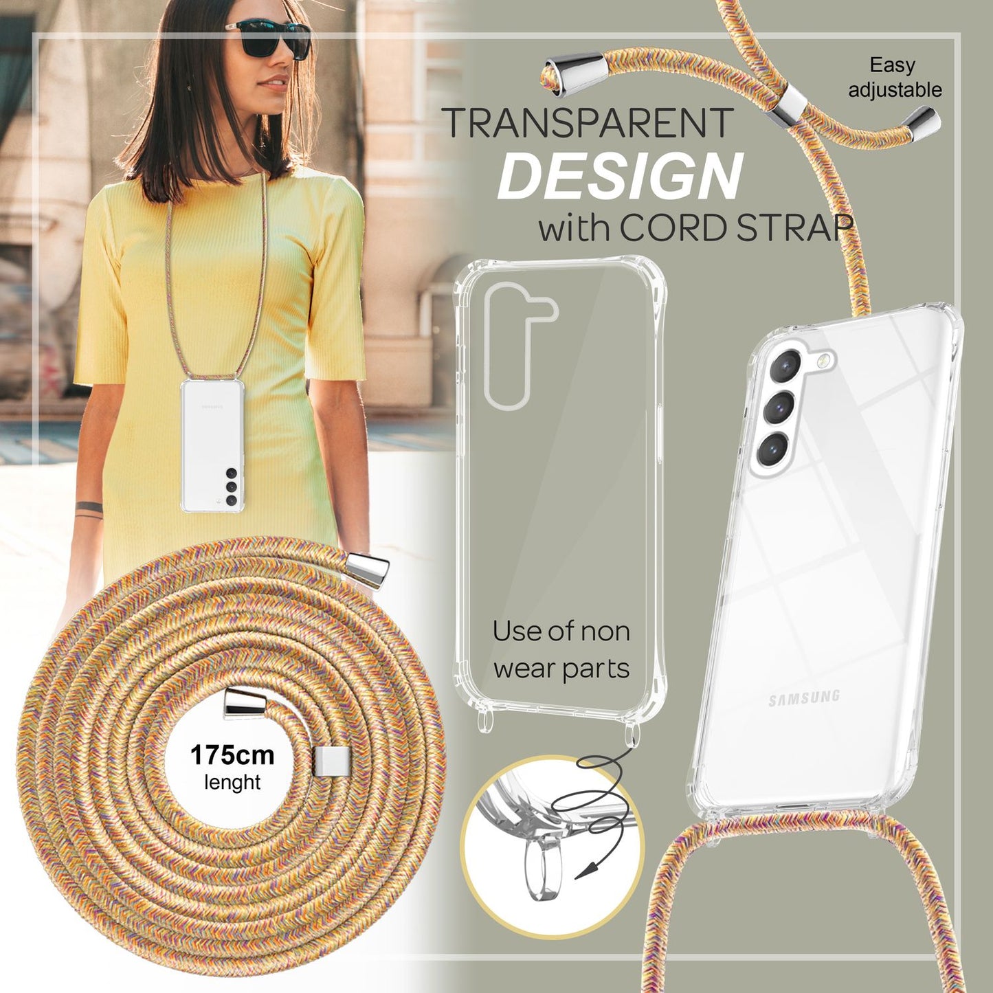 NALIA Handykette für Samsung Galaxy S23 – Transparentes Hybrid-Case & Band – HANGIT PRO (Anti-Gelb Rückseite & Verstellbar) – Marke aus Berlin