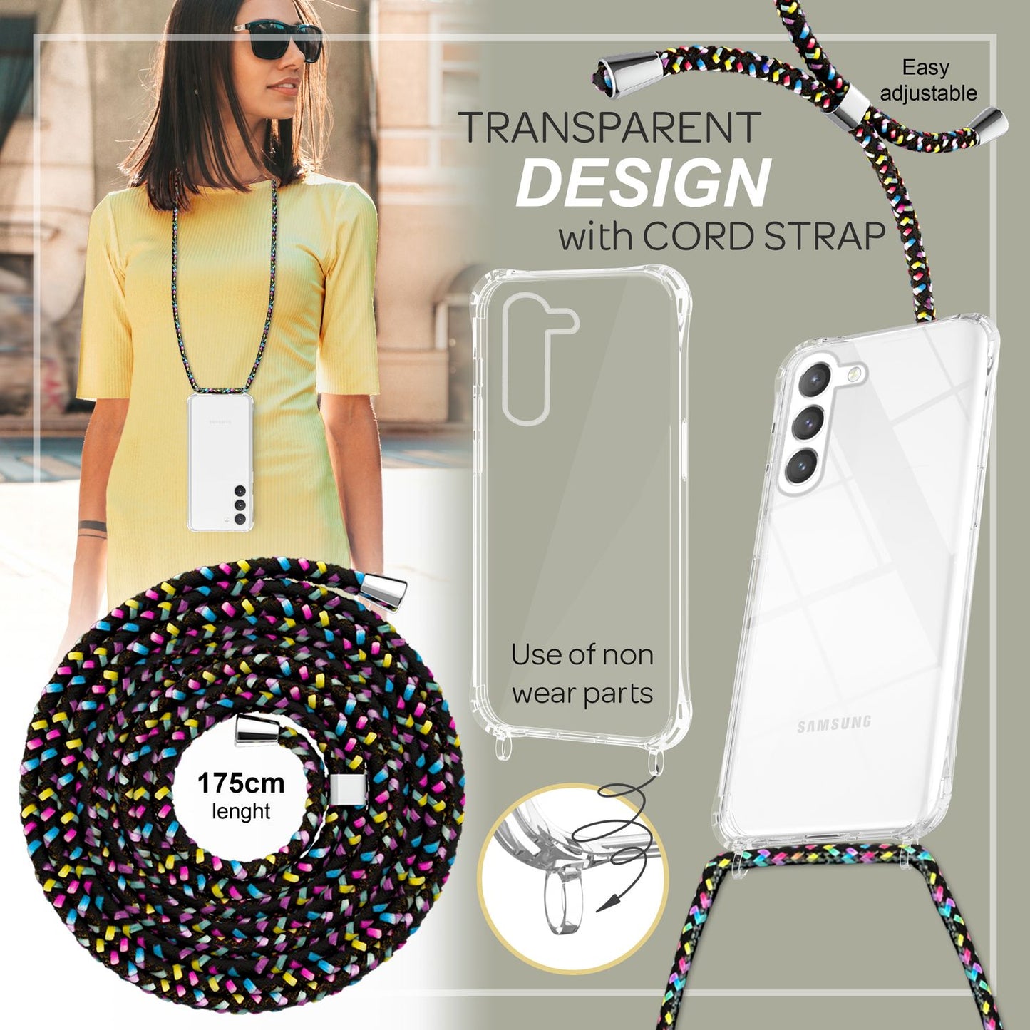 NALIA Handykette für Samsung Galaxy S23 – Transparentes Hybrid-Case & Band – HANGIT PRO (Anti-Gelb Rückseite & Verstellbar) – Marke aus Berlin