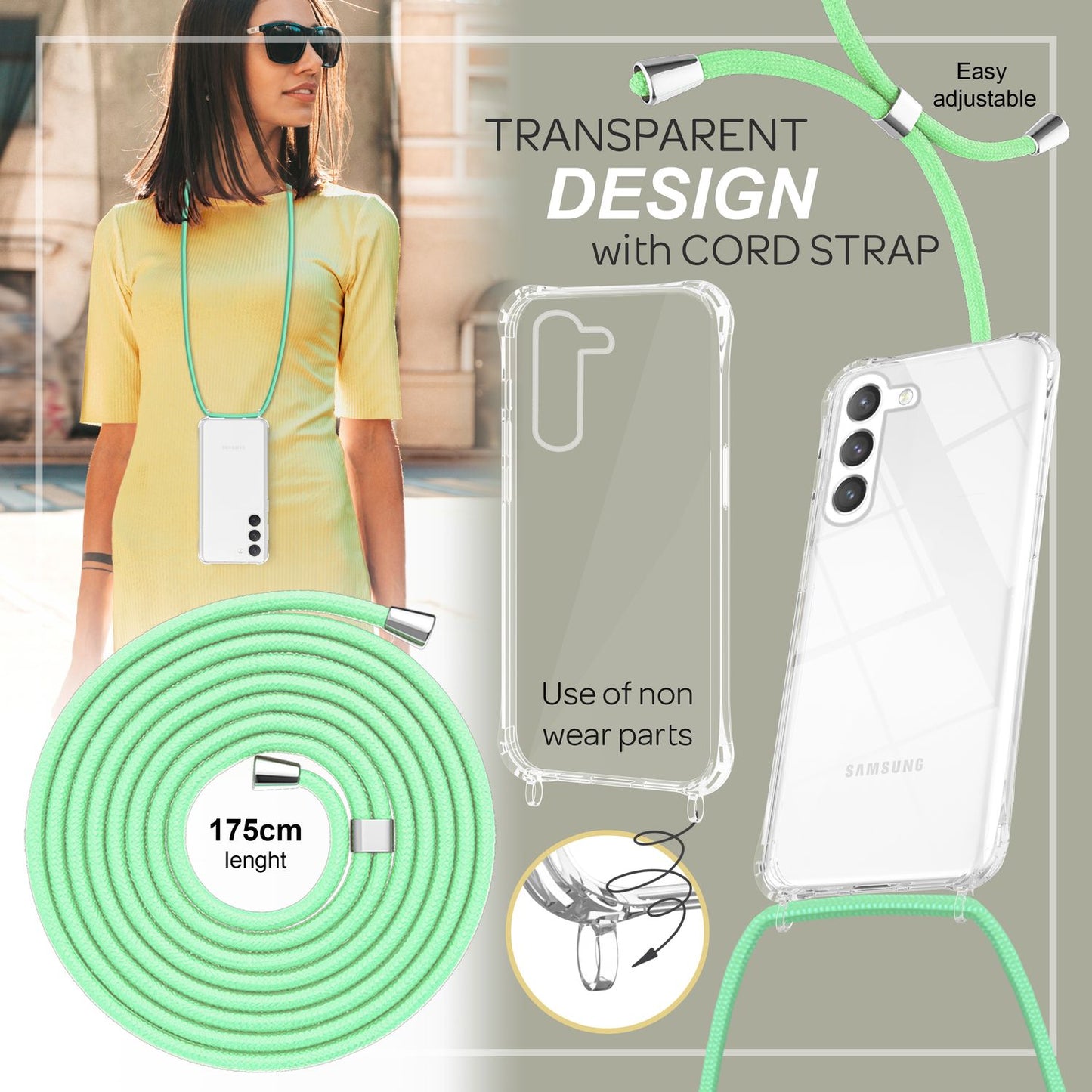 NALIA Handykette für Samsung Galaxy S23 Plus – Transparentes Hybrid-Case & Band – HANGIT PRO (Anti-Gelb Rückseite & Verstellbar) – Marke aus Berlin