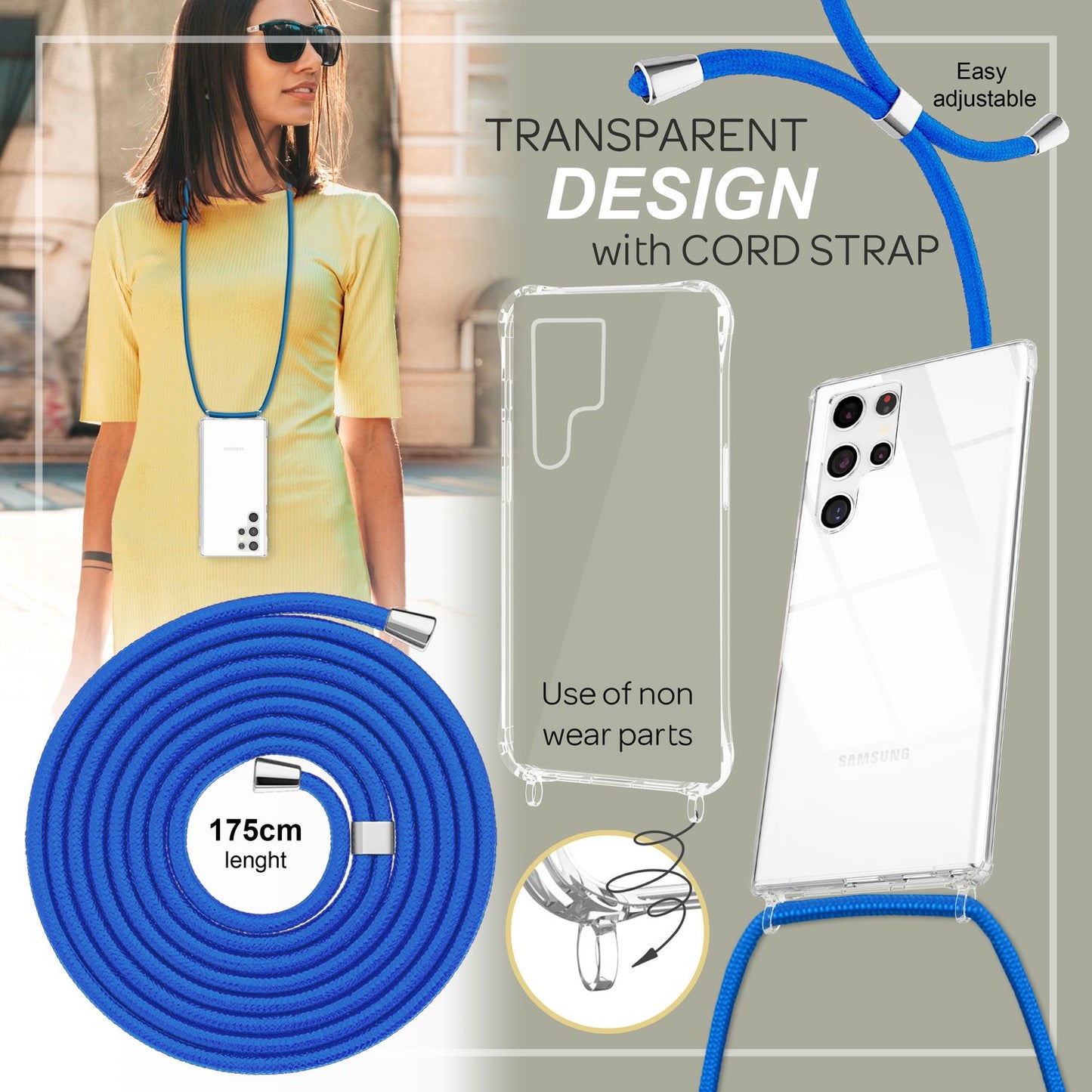 NALIA Handykette für Samsung Galaxy S23 Ultra – Transparentes Hybrid-Case & Band – HANGIT PRO (Anti-Gelb Rückseite & Verstellbar) – Marke aus Berlin