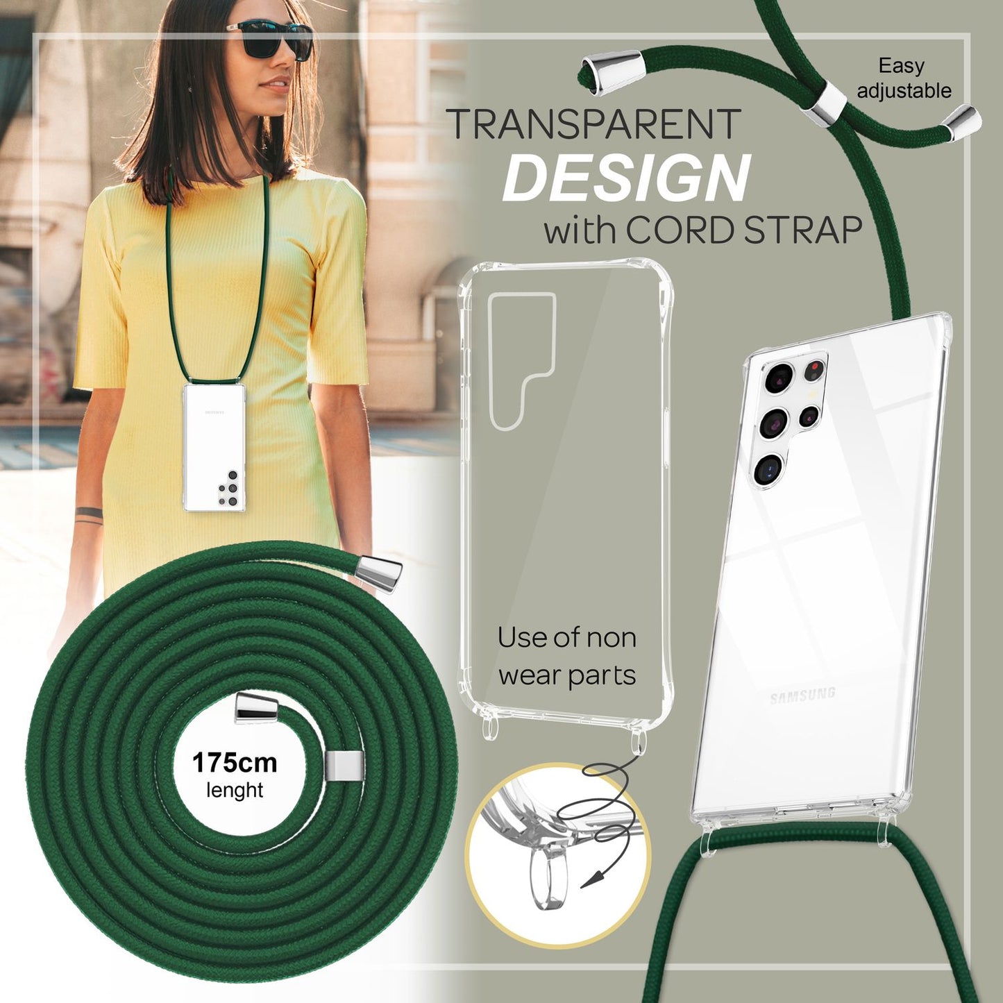 NALIA Handykette für Samsung Galaxy S23 Ultra – Transparentes Hybrid-Case & Band – HANGIT PRO (Anti-Gelb Rückseite & Verstellbar) – Marke aus Berlin