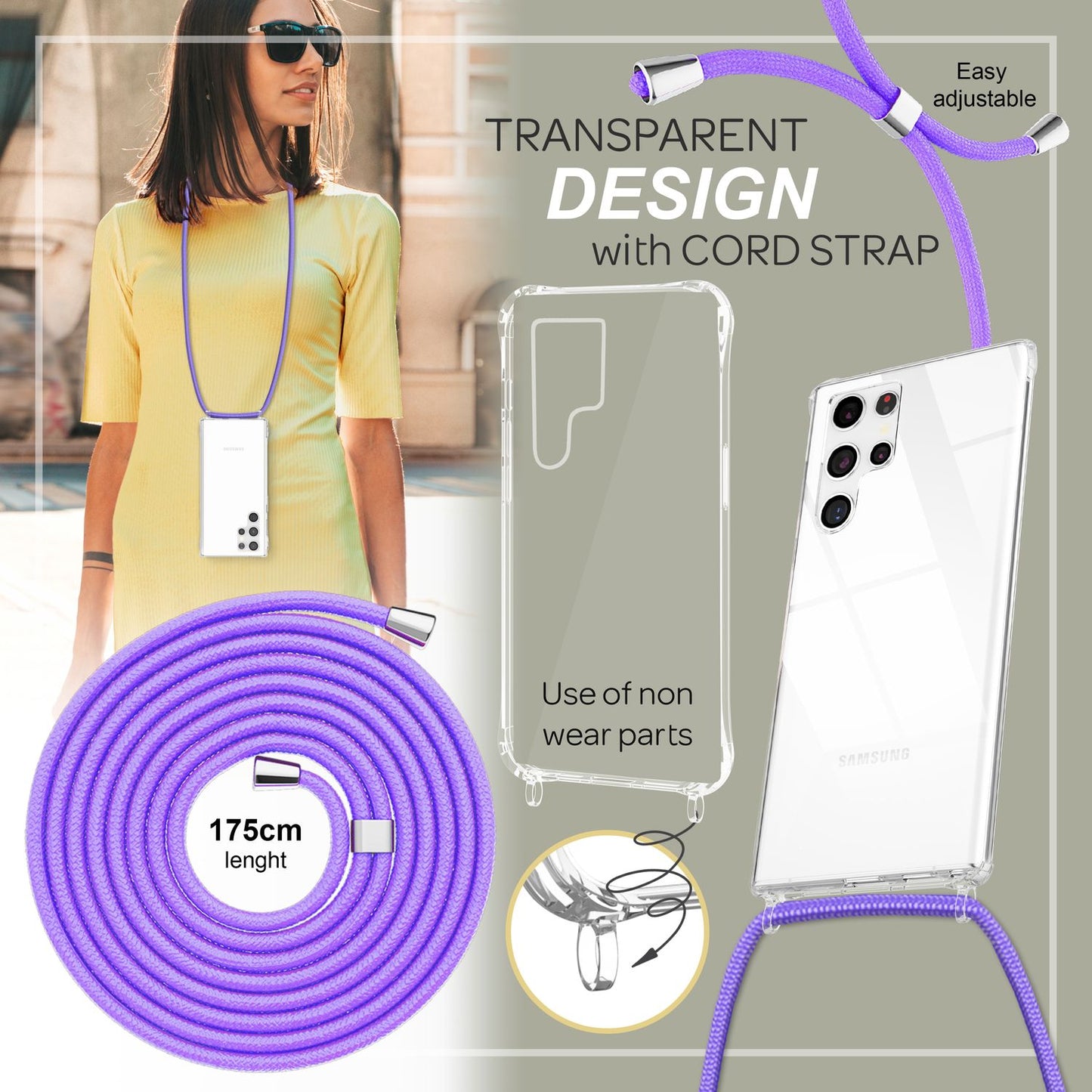NALIA Handykette für Samsung Galaxy S23 Ultra – Transparentes Hybrid-Case & Band – HANGIT PRO (Anti-Gelb Rückseite & Verstellbar) – Marke aus Berlin