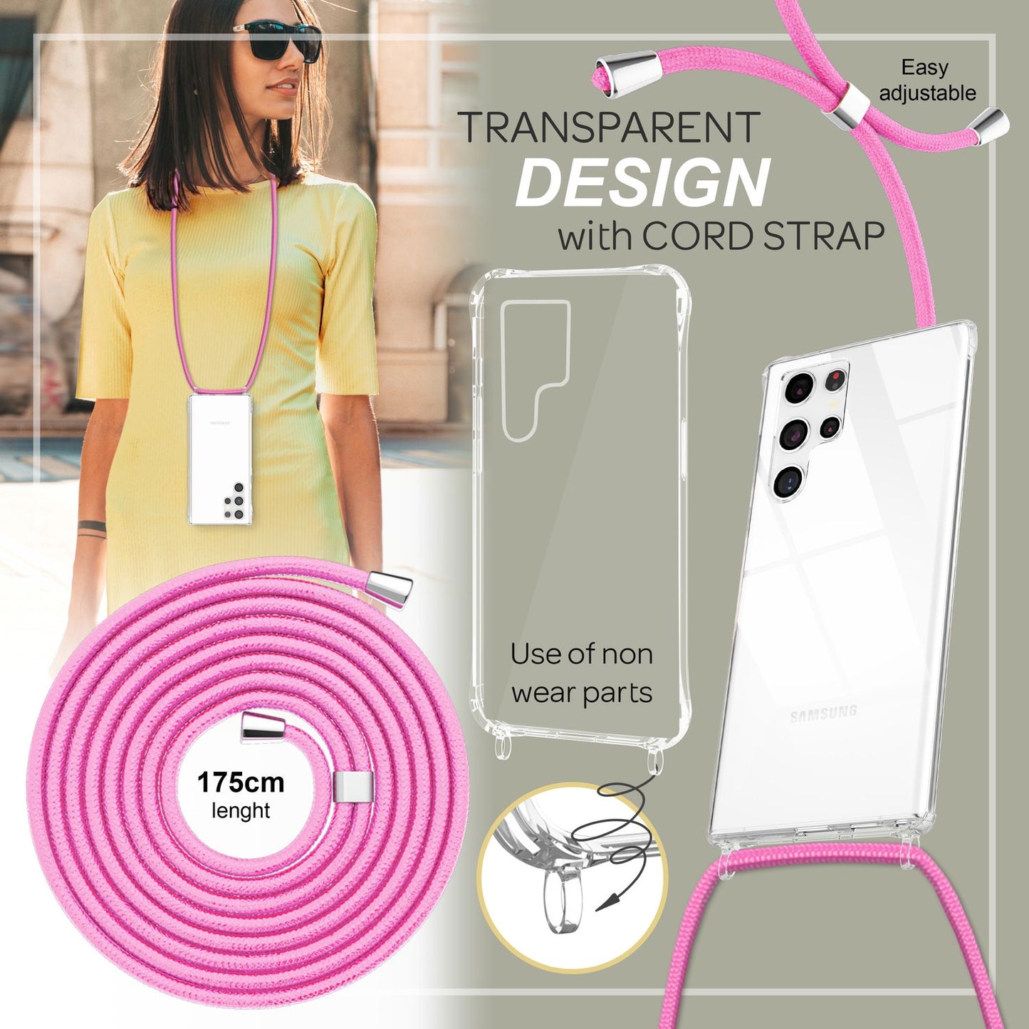 NALIA Handykette für Samsung Galaxy S23 Ultra – Transparentes Hybrid-Case & Band – HANGIT PRO (Anti-Gelb Rückseite & Verstellbar) – Marke aus Berlin