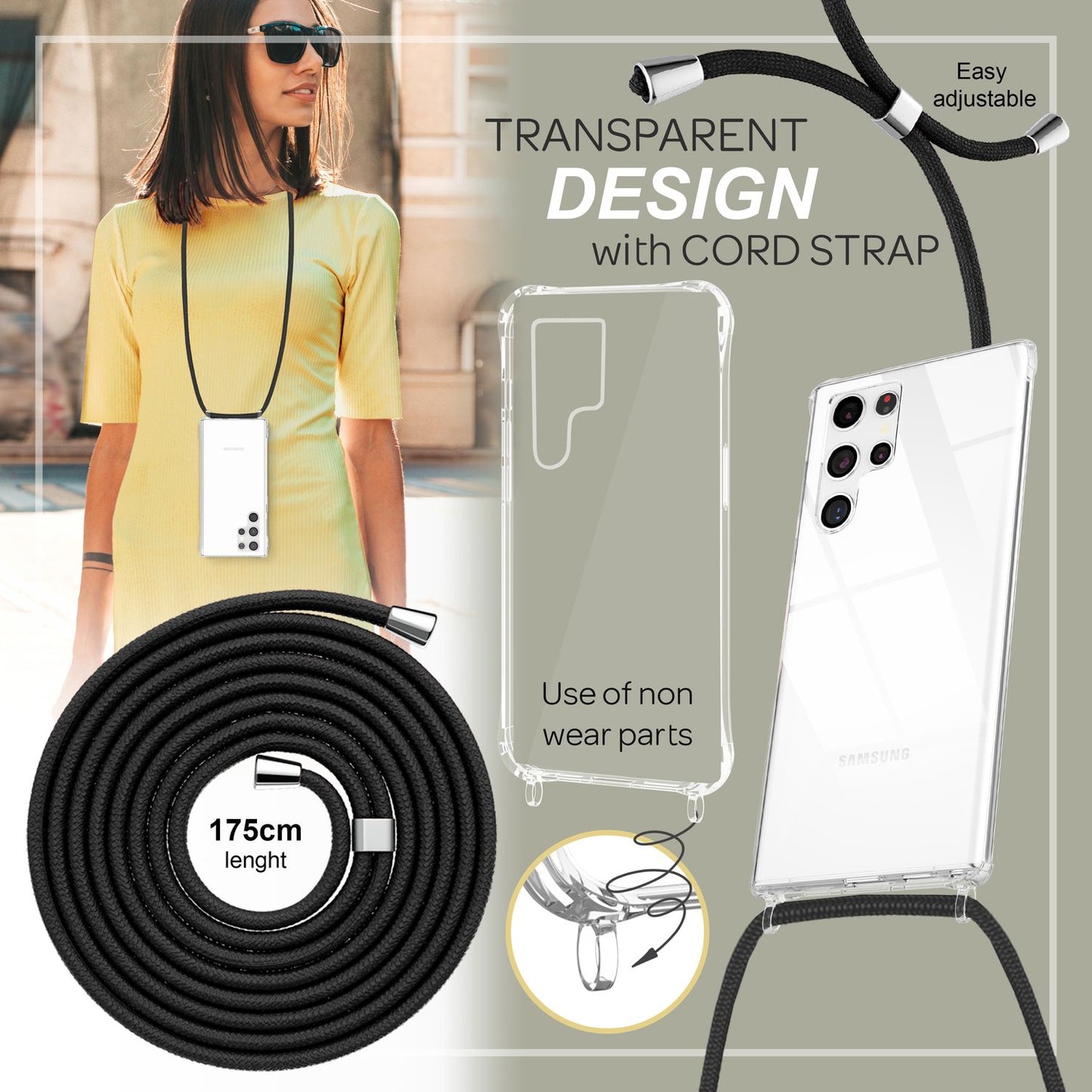NALIA Handykette für Samsung Galaxy S23 Ultra – Transparentes Hybrid-Case & Band – HANGIT PRO (Anti-Gelb Rückseite & Verstellbar) – Marke aus Berlin