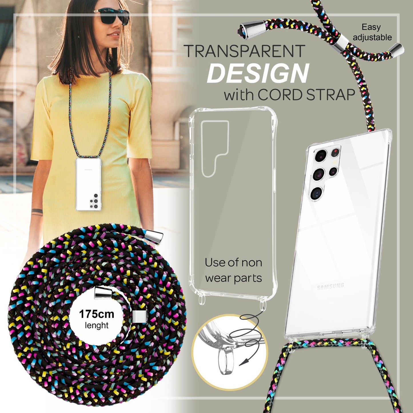 NALIA Handykette für Samsung Galaxy S23 Ultra – Transparentes Hybrid-Case & Band – HANGIT PRO (Anti-Gelb Rückseite & Verstellbar) – Marke aus Berlin
