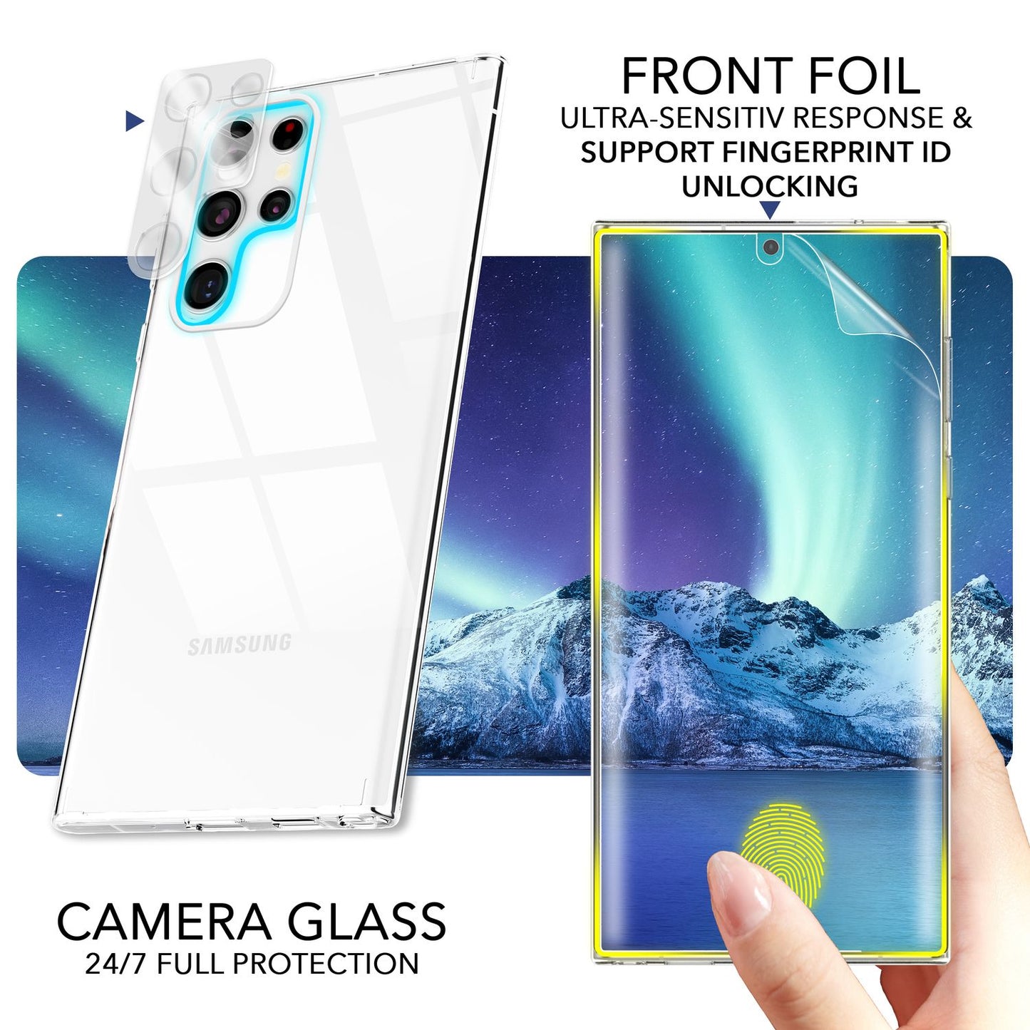 NALIA Transparente Hülle für Samsung Galaxy S23 Ultra – Anti-Gelb & Stoßfest – BLYSS (Rückseite in Glas-Optik) – Marke aus Berlin
