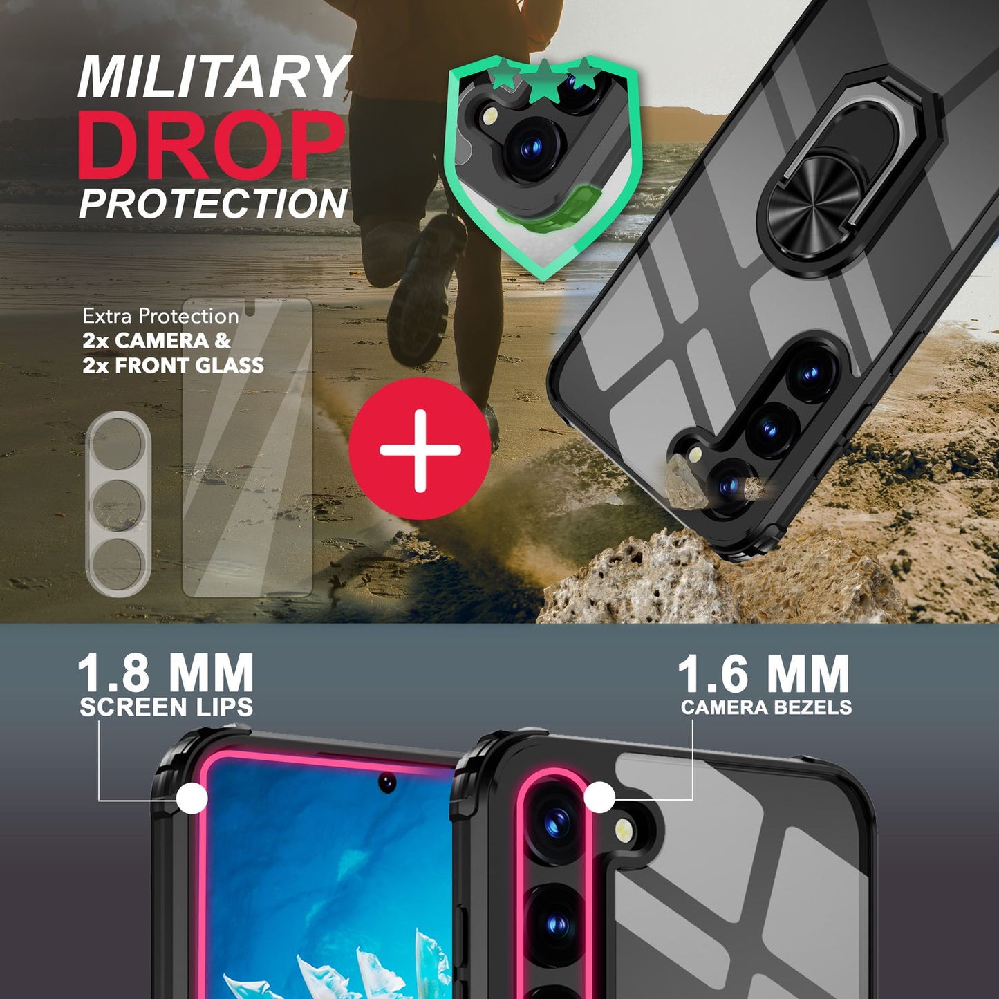 NALIA Ringhülle für Samsung Galaxy S23 – Für Magnethalter & 360° Stand – VAULT (Kristallklare Rückseite & Stoßfester Silikon-Rahmen) – Marke aus Berlin