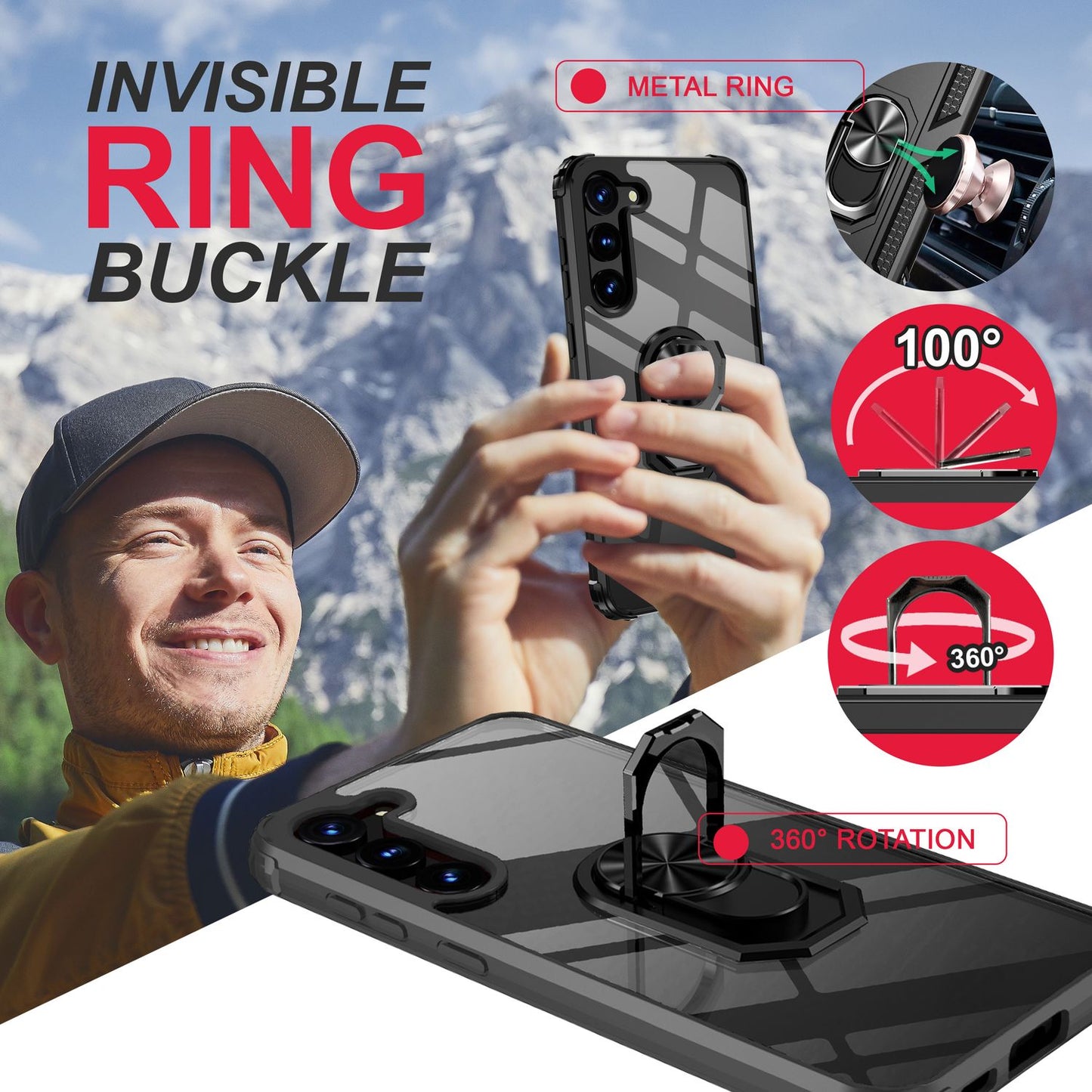 NALIA Ringhülle für Samsung Galaxy S23 – Für Magnethalter & 360° Stand – VAULT (Kristallklare Rückseite & Stoßfester Silikon-Rahmen) – Marke aus Berlin