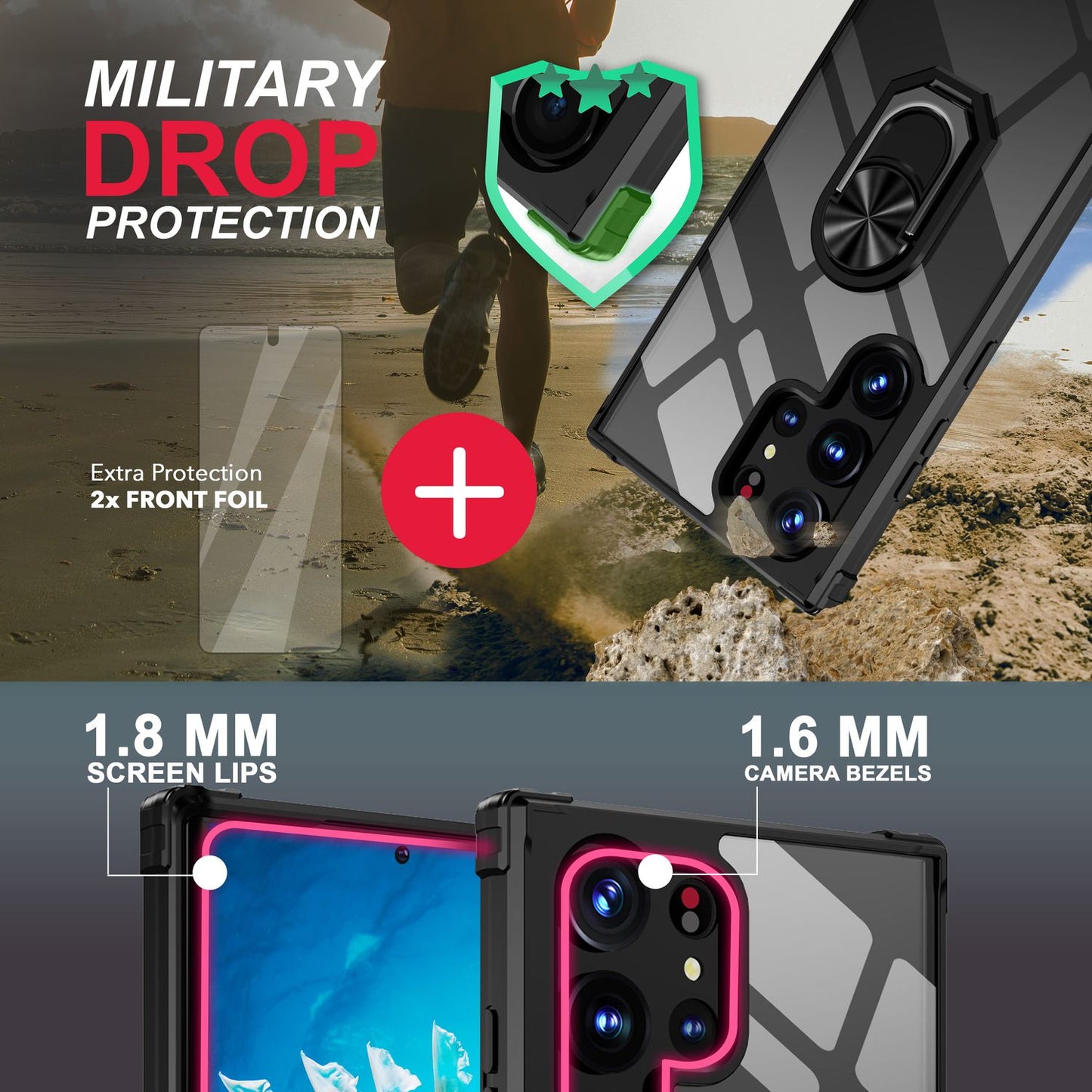 NALIA Ringhülle für Samsung Galaxy S23 Ultra – Für Magnethalter & 360° Stand – VAULT (Kristallklare Rückseite & Stoßfester Silikon-Rahmen) – Marke aus Berlin