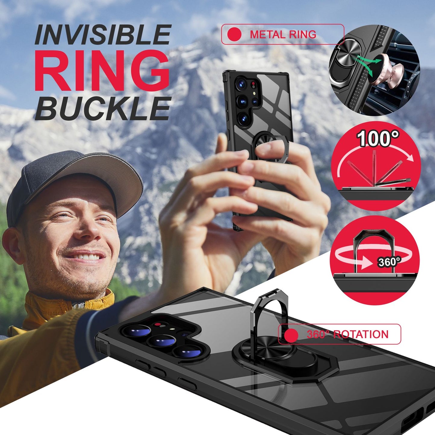 NALIA Ringhülle für Samsung Galaxy S23 Ultra – Für Magnethalter & 360° Stand – VAULT (Kristallklare Rückseite & Stoßfester Silikon-Rahmen) – Marke aus Berlin