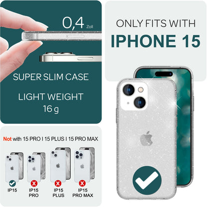 NALIA Glitzerhülle für iPhone 15 – Funkelndes Silikon Case – DAZZLIN (Transparent & Stoßfest) – Marke aus Berlin