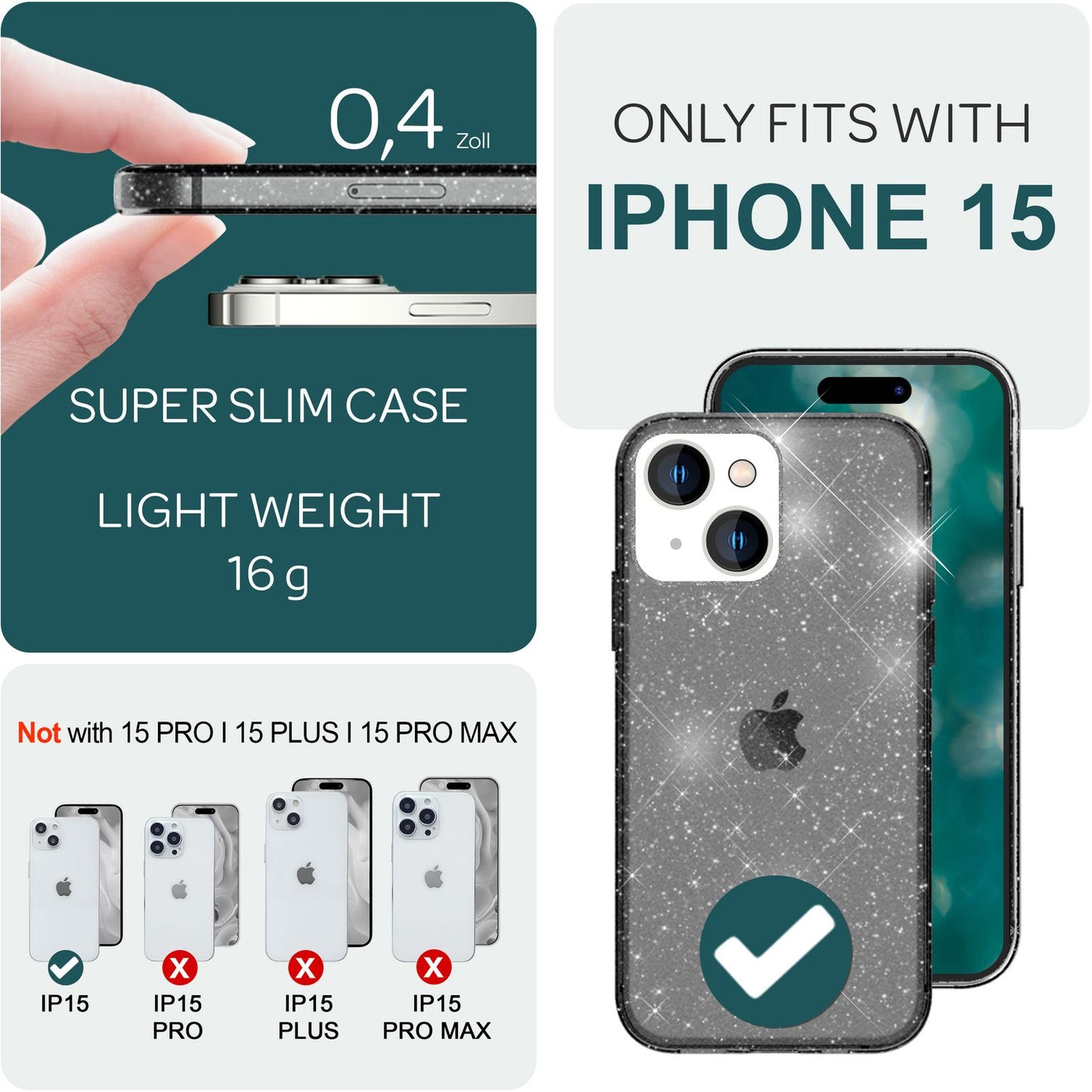 NALIA Glitzerhülle für iPhone 15 – Funkelndes Silikon Case – DAZZLIN (Transparent & Stoßfest) – Marke aus Berlin