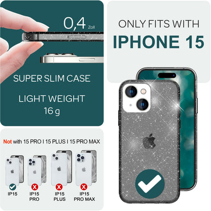 NALIA Glitzerhülle für iPhone 15 – Funkelndes Silikon Case – DAZZLIN (Transparent & Stoßfest) – Marke aus Berlin