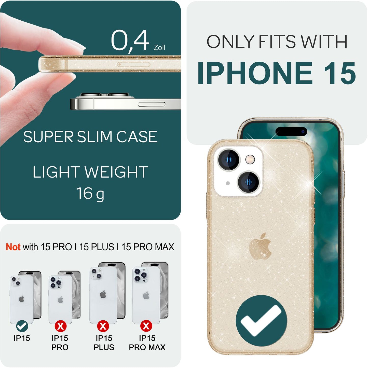 NALIA Glitzerhülle für iPhone 15 – Funkelndes Silikon Case – DAZZLIN (Transparent & Stoßfest) – Marke aus Berlin