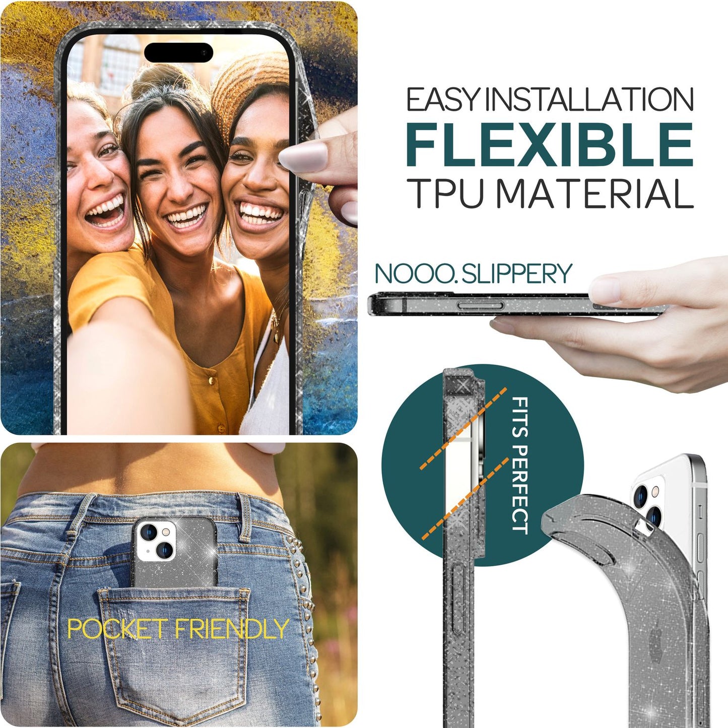 NALIA Glitzerhülle für iPhone 15 Plus – Funkelndes Silikon Case – DAZZLIN (Transparent & Stoßfest) – Marke aus Berlin