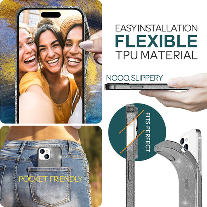 NALIA Glitzerhülle für iPhone 15 Plus – Funkelndes Silikon Case – DAZZLIN (Transparent & Stoßfest) – Marke aus Berlin