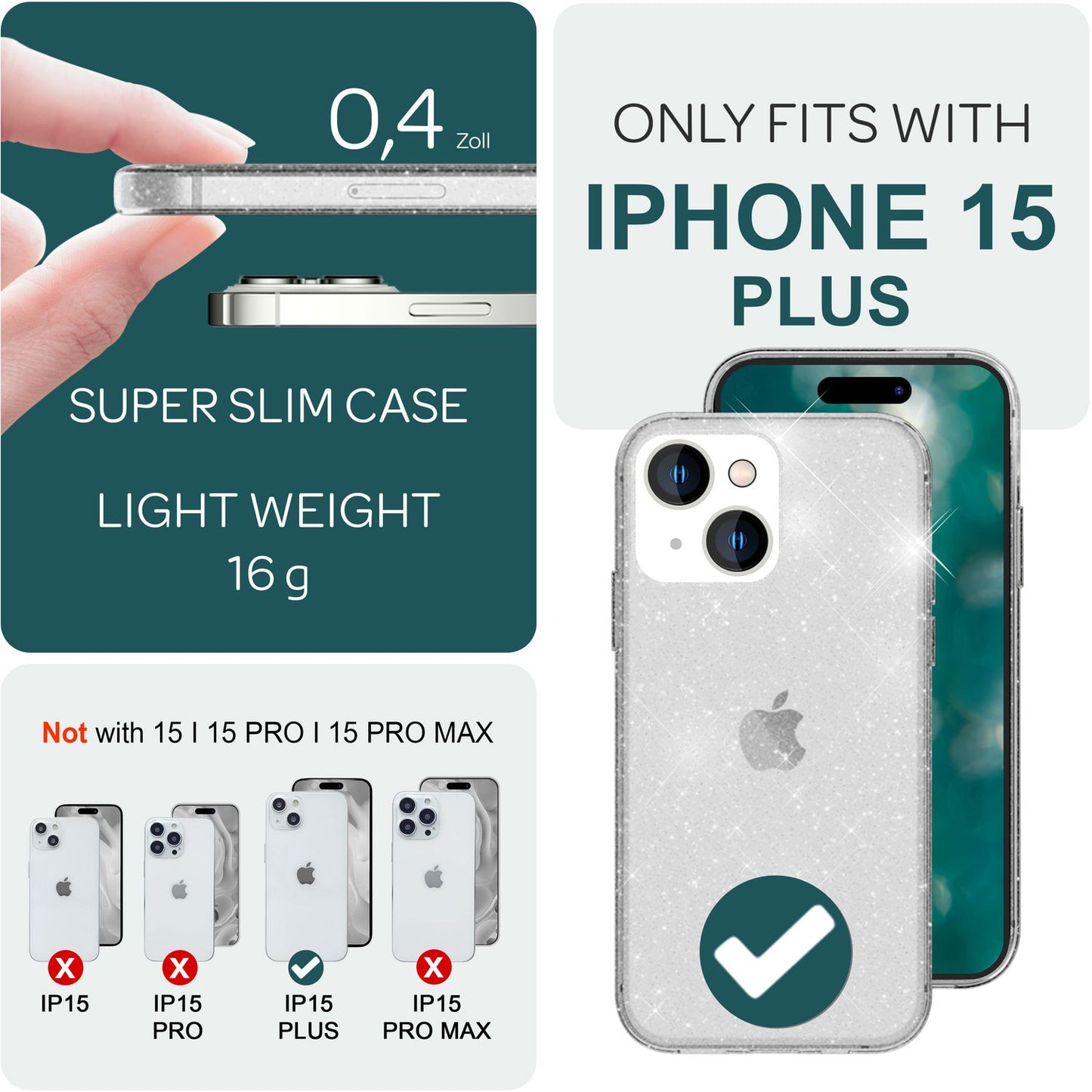 NALIA Glitzerhülle für iPhone 15 Plus – Funkelndes Silikon Case – DAZZLIN (Transparent & Stoßfest) – Marke aus Berlin