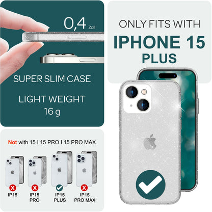NALIA Glitzerhülle für iPhone 15 Plus – Funkelndes Silikon Case – DAZZLIN (Transparent & Stoßfest) – Marke aus Berlin