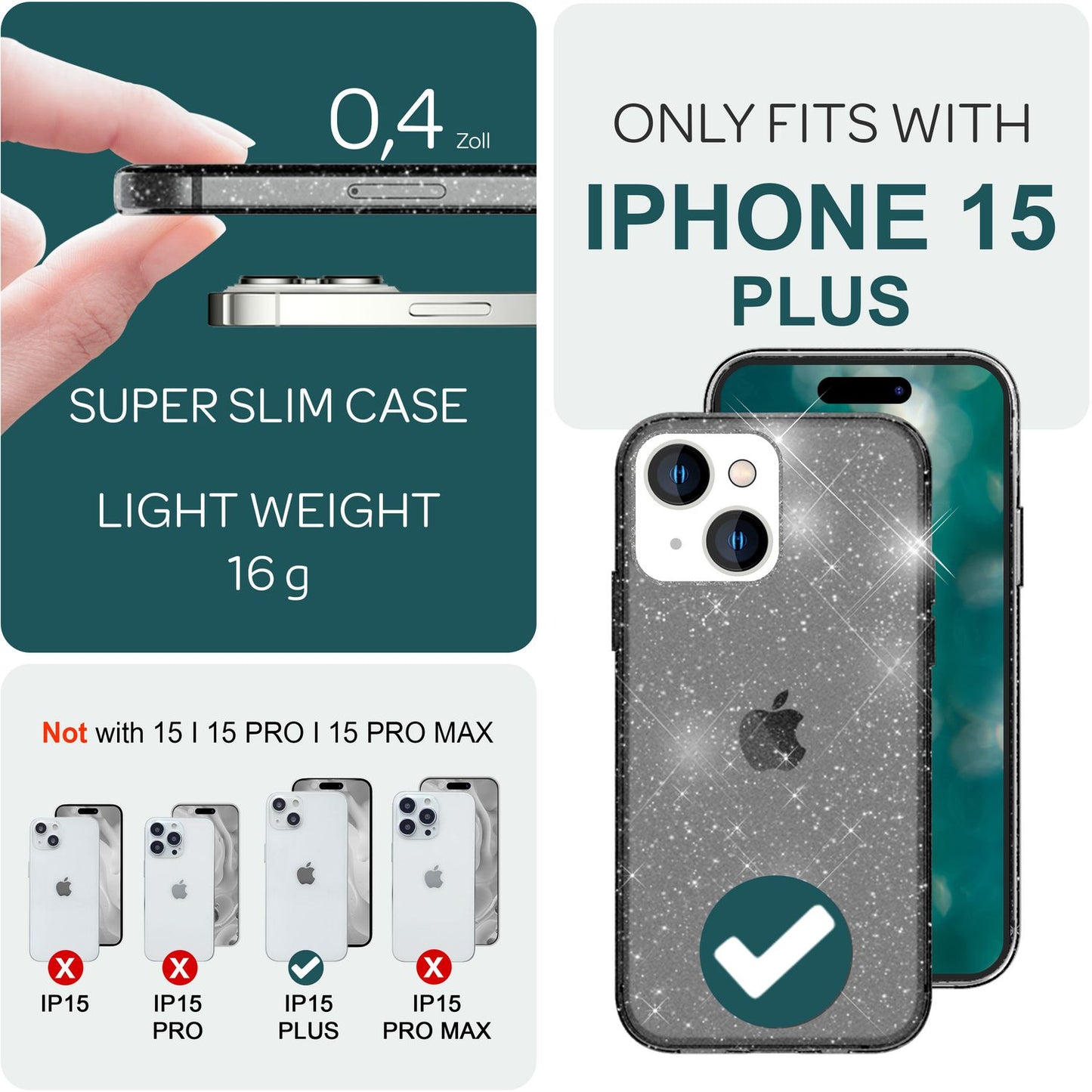 NALIA Glitzerhülle für iPhone 15 Plus – Funkelndes Silikon Case – DAZZLIN (Transparent & Stoßfest) – Marke aus Berlin