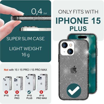 NALIA Glitzerhülle für iPhone 15 Plus – Funkelndes Silikon Case – DAZZLIN (Transparent & Stoßfest) – Marke aus Berlin