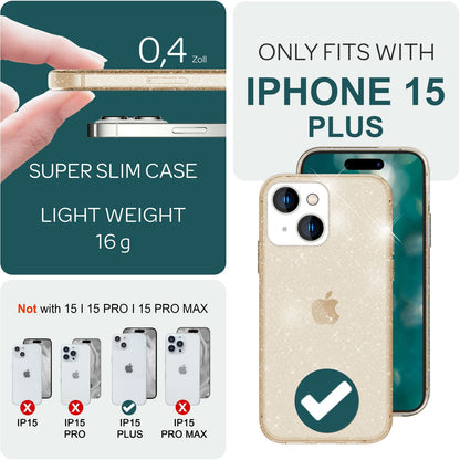 NALIA Glitzerhülle für iPhone 15 Plus – Funkelndes Silikon Case – DAZZLIN (Transparent & Stoßfest) – Marke aus Berlin