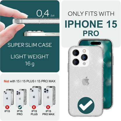 NALIA Glitzerhülle für iPhone 15 Pro – Funkelndes Silikon Case – DAZZLIN (Transparent & Stoßfest) – Marke aus Berlin