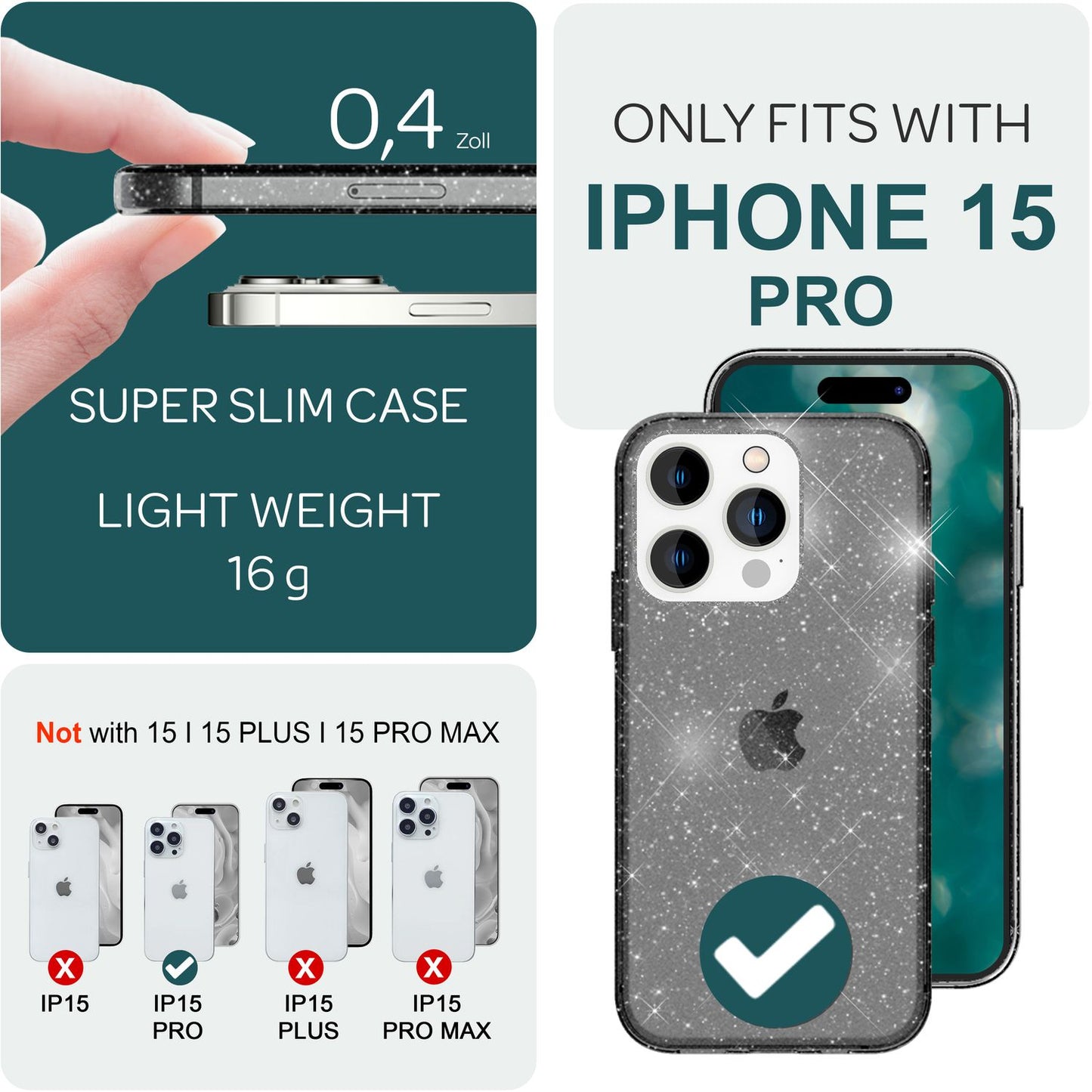 NALIA Glitzerhülle für iPhone 15 Pro – Funkelndes Silikon Case – DAZZLIN (Transparent & Stoßfest) – Marke aus Berlin
