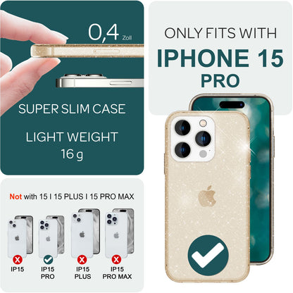 NALIA Glitzerhülle für iPhone 15 Pro – Funkelndes Silikon Case – DAZZLIN (Transparent & Stoßfest) – Marke aus Berlin
