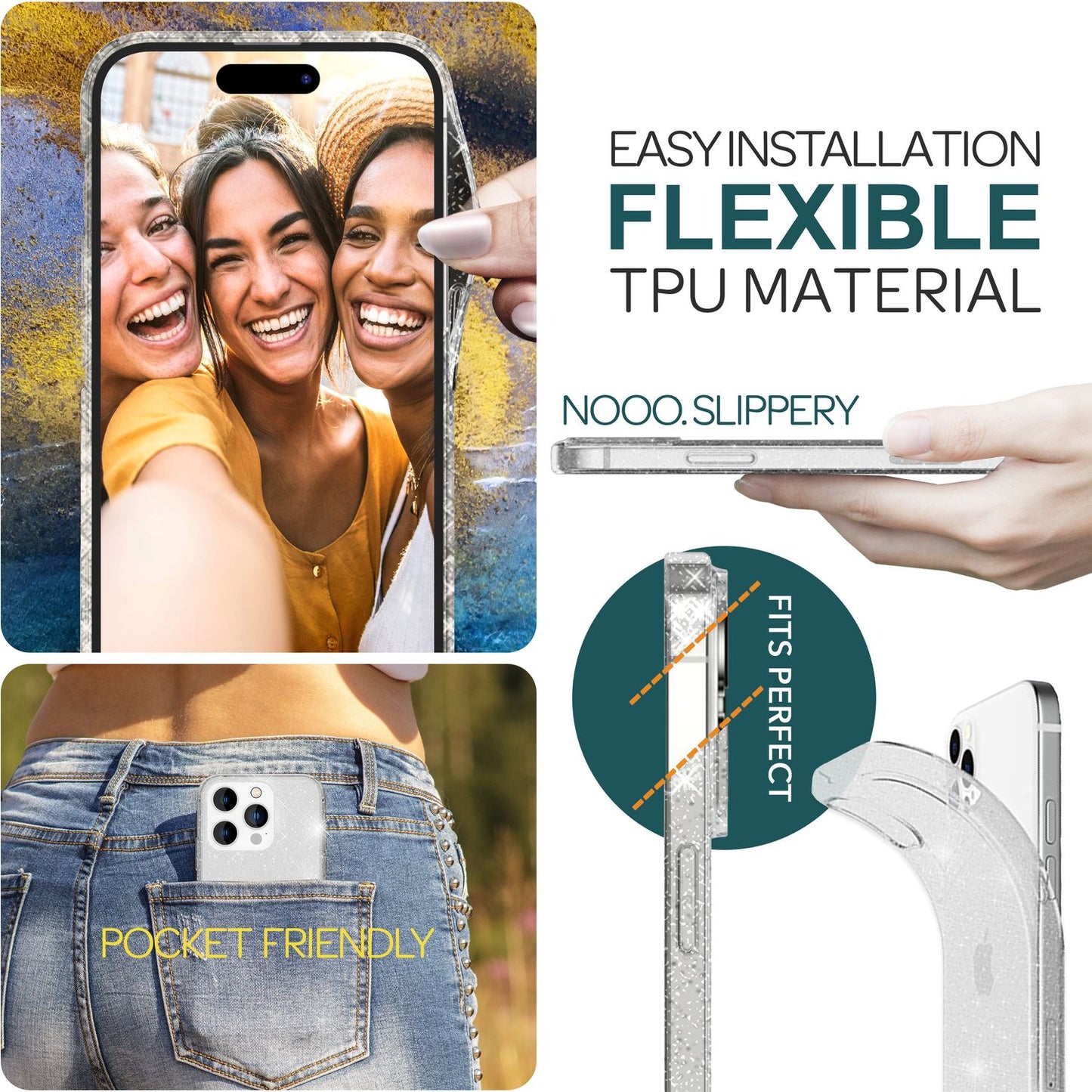 NALIA Glitzerhülle für iPhone 15 Pro – Funkelndes Silikon Case – DAZZLIN (Transparent & Stoßfest) – Marke aus Berlin