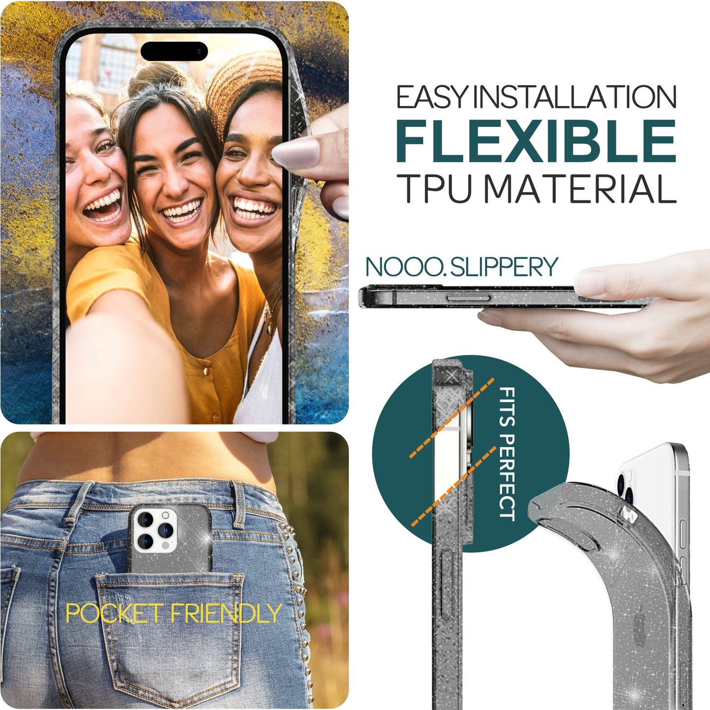 NALIA Glitzerhülle für iPhone 15 Pro Max – Funkelndes Silikon Case – DAZZLIN (Transparent & Stoßfest) – Marke aus Berlin