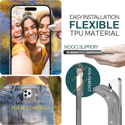 NALIA Glitzerhülle für iPhone 15 Pro Max – Funkelndes Silikon Case – DAZZLIN (Transparent & Stoßfest) – Marke aus Berlin