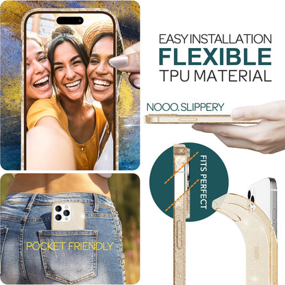 NALIA Glitzerhülle für iPhone 15 Pro Max – Funkelndes Silikon Case – DAZZLIN (Transparent & Stoßfest) – Marke aus Berlin