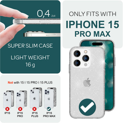 NALIA Glitzerhülle für iPhone 15 Pro Max – Funkelndes Silikon Case – DAZZLIN (Transparent & Stoßfest) – Marke aus Berlin