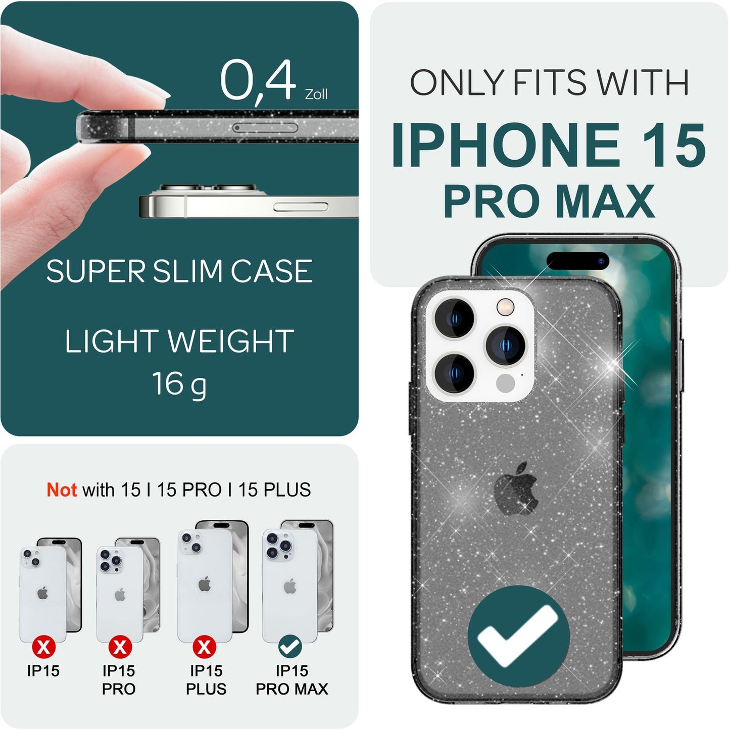 NALIA Glitzerhülle für iPhone 15 Pro Max – Funkelndes Silikon Case – DAZZLIN (Transparent & Stoßfest) – Marke aus Berlin
