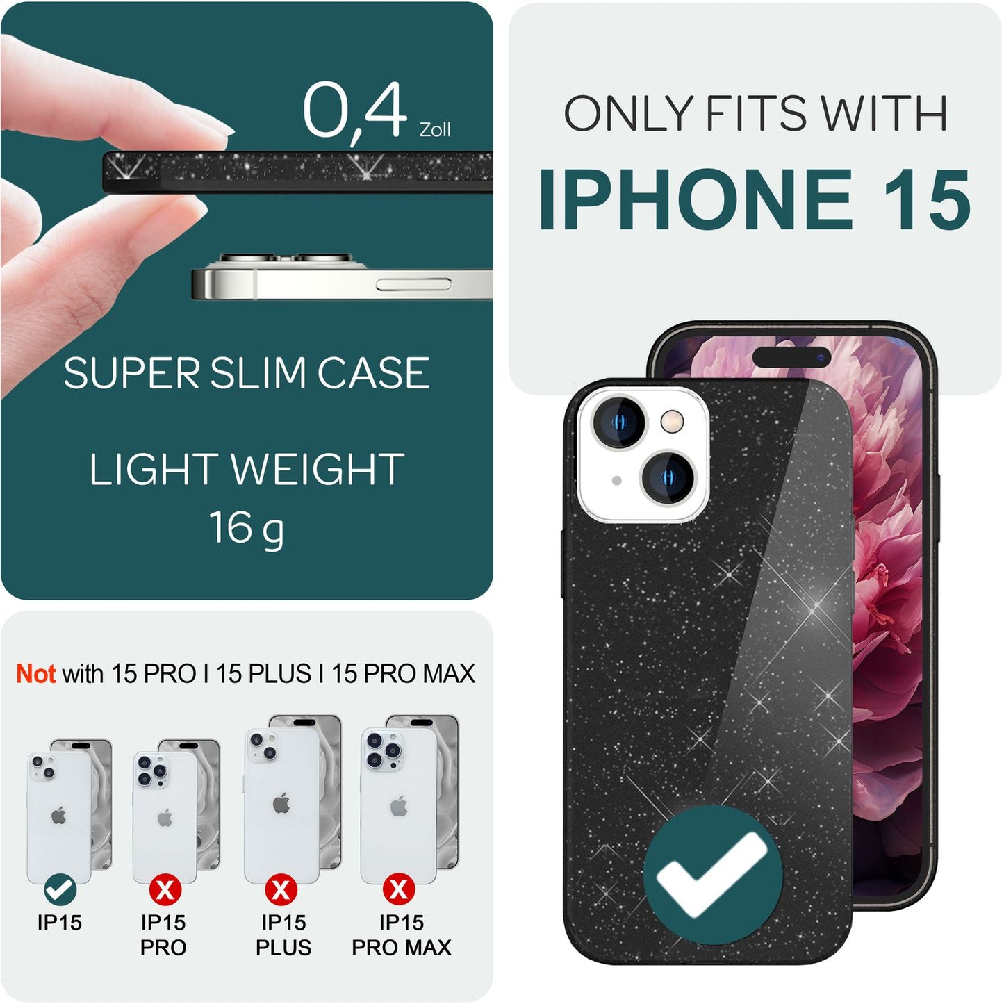 NALIA Glitzerhülle für iPhone 15 – Funkelnder Glitzer-Look & Grip – SHINEPOP (Silikon Case) – Marke aus Berlin
