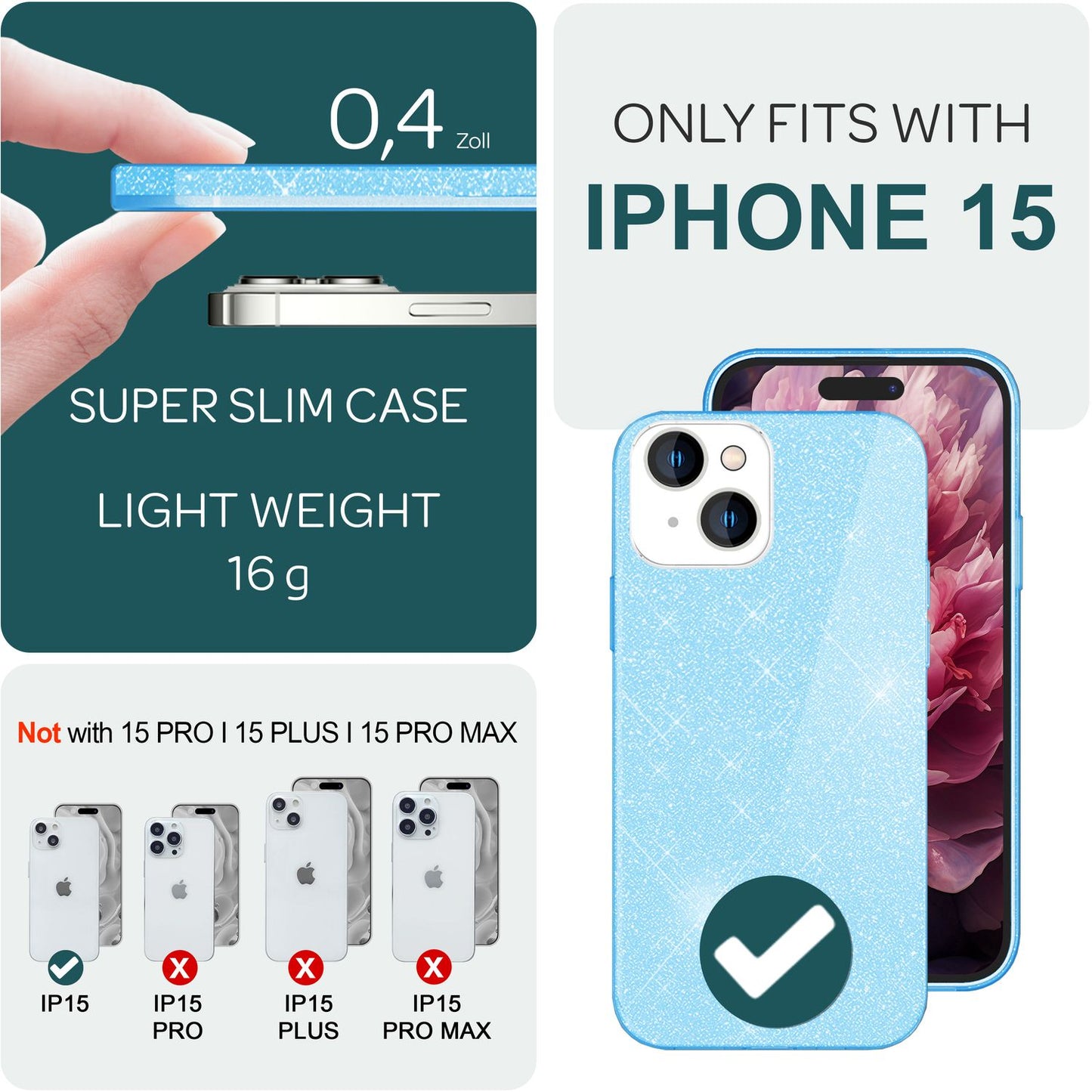 NALIA Glitzerhülle für iPhone 15 – Funkelnder Glitzer-Look & Grip – SHINEPOP (Silikon Case) – Marke aus Berlin
