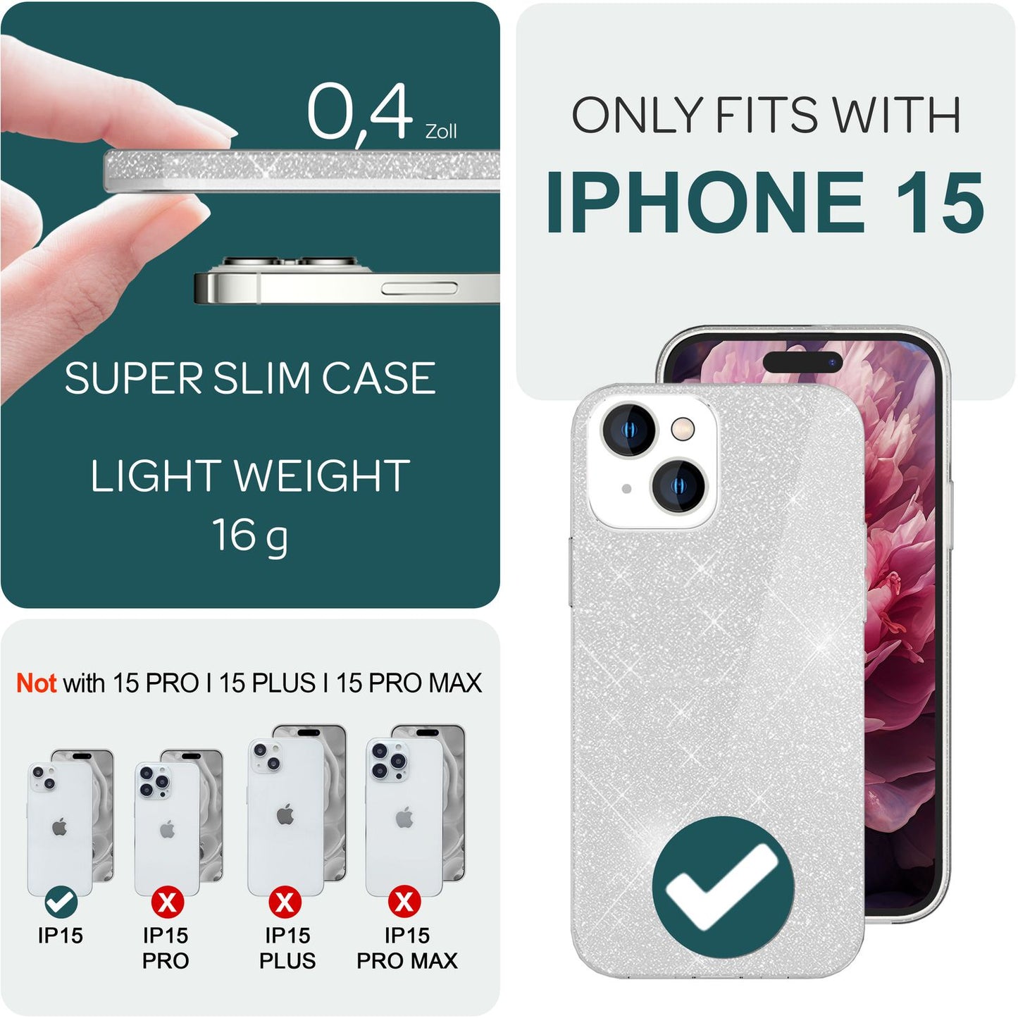 NALIA Glitzerhülle für iPhone 15 – Funkelnder Glitzer-Look & Grip – SHINEPOP (Silikon Case) – Marke aus Berlin